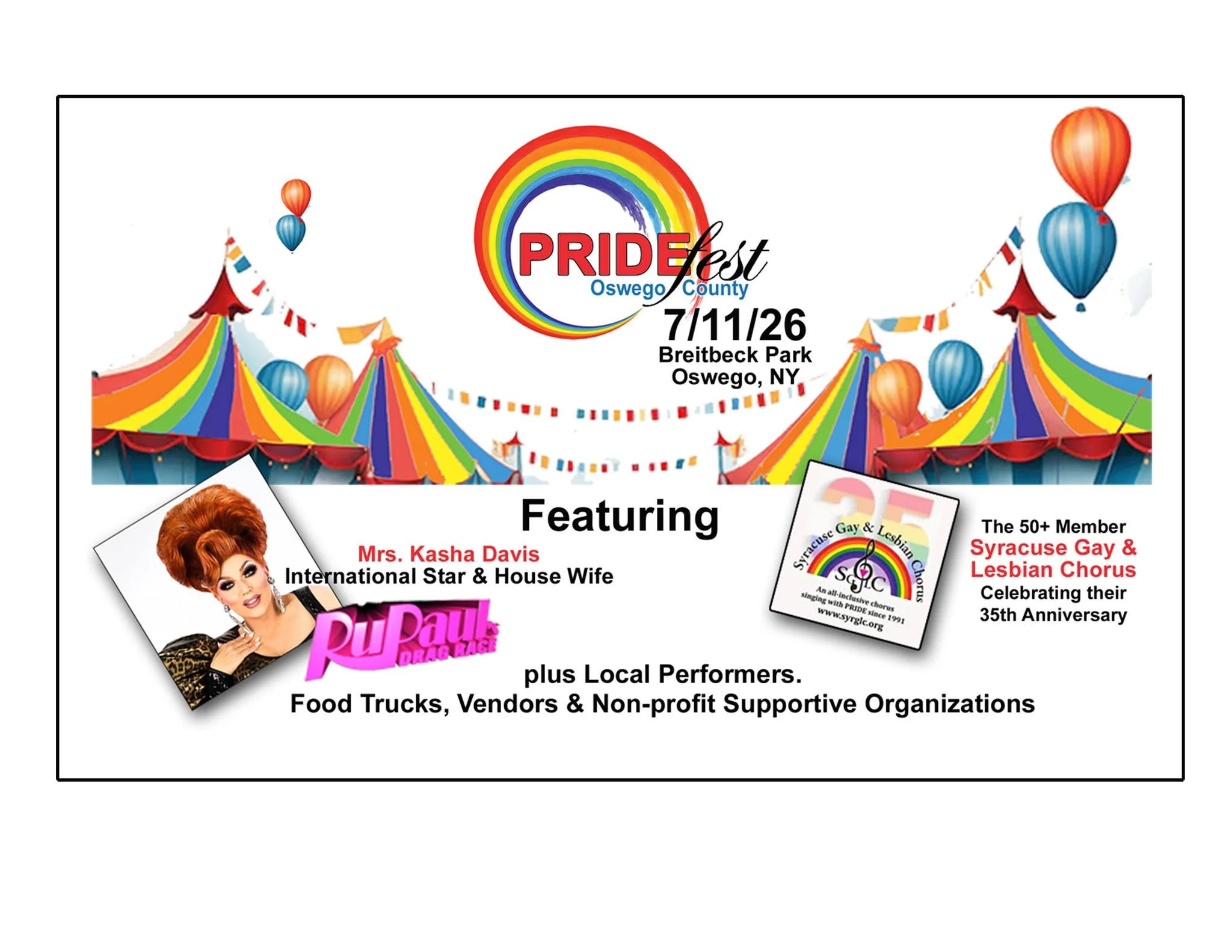 A colorful flyer for Pride Fest Oswego County, held on July 11 and 26 at Breitbeck Park in Oswego, NY. The flyer features a rainbow with event information, images of balloons, a parade tent with rainbow stripes, and photos of diverse performers and groups.