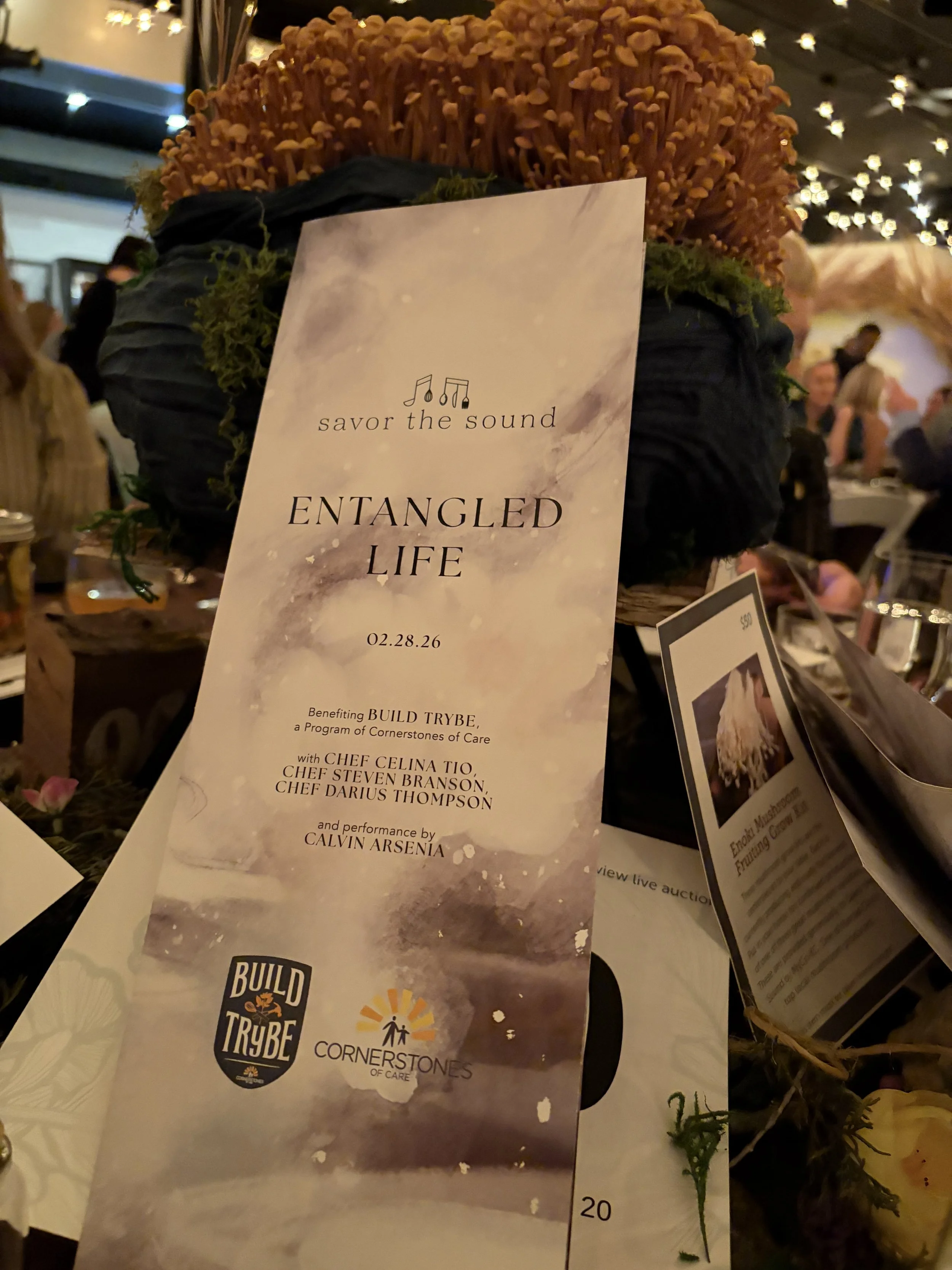 A flyer for an event called 'Entangled Life' benefiting Build Trybe, with a date of February 28, 2026. The flyer features a background of soft, pastel clouds and includes logos for Build Trybe and Cornerstones of Care. The event appears to include pe