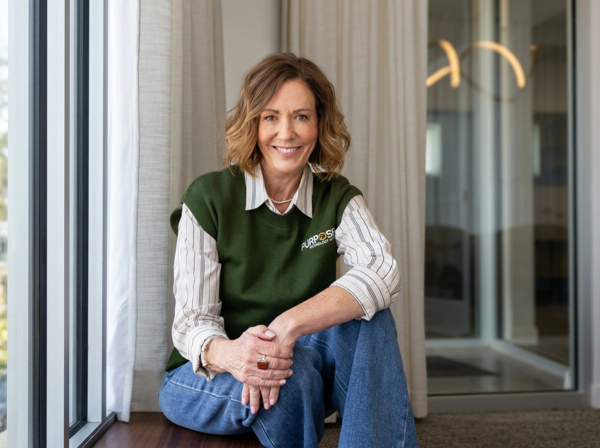 Smiling woman with shoulder-length brown hair sitting on floor near a glass door or window, wearing a striped shirt and a green vest with a logo, in a bright room with curtains.