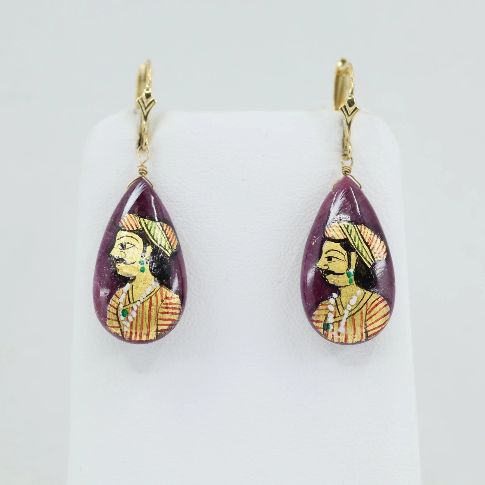 Enameled Ruby Portrait Drop Earrings