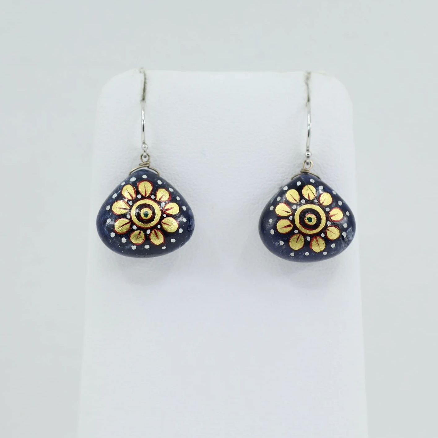 Enameled Sapphire Floral Drop Earrings