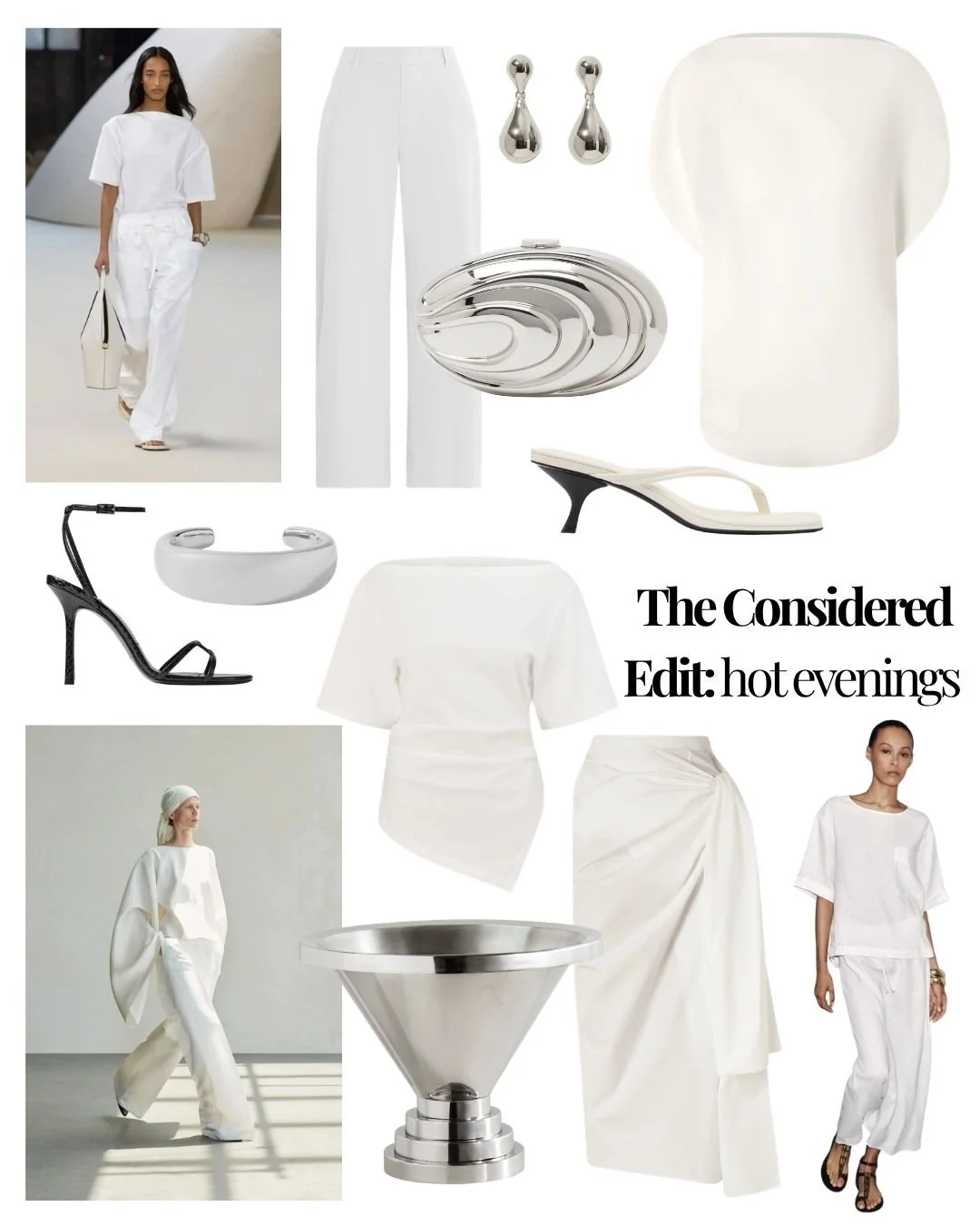 Collage of white fashion outfits and accessories, including clothing, shoes, jewelry, and decor, themed around an elegant, minimalist aesthetic for a concept called 'hot evenings'.