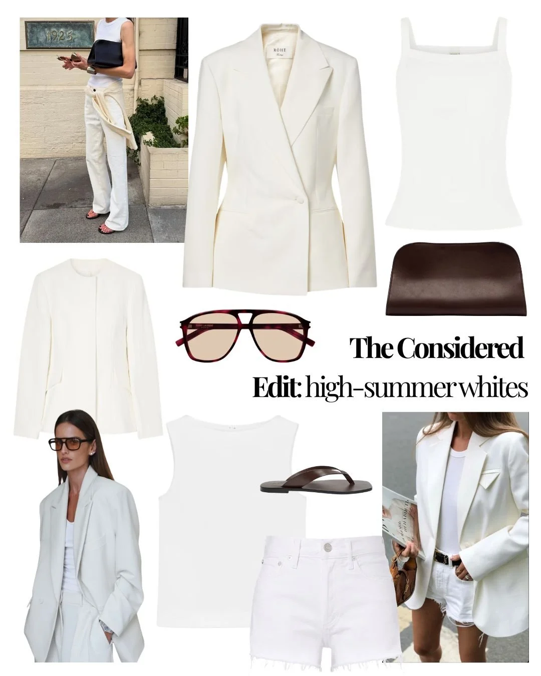 A collage of fashion items and photos featuring white and cream-colored summer whites, including blazers, tank top, shorts, sunglasses, and sandals, with a woman in stylish summer white outfits and accessories.