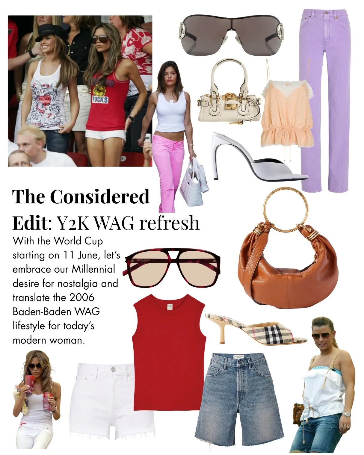 Collage of women in casual summer outfits, fashion accessories like sunglasses, handbags, and jewelry, with a text overlay about a WAG lifestyle refresh for the 2006 Baden-Baden WAG lifestyle for today's modern woman.