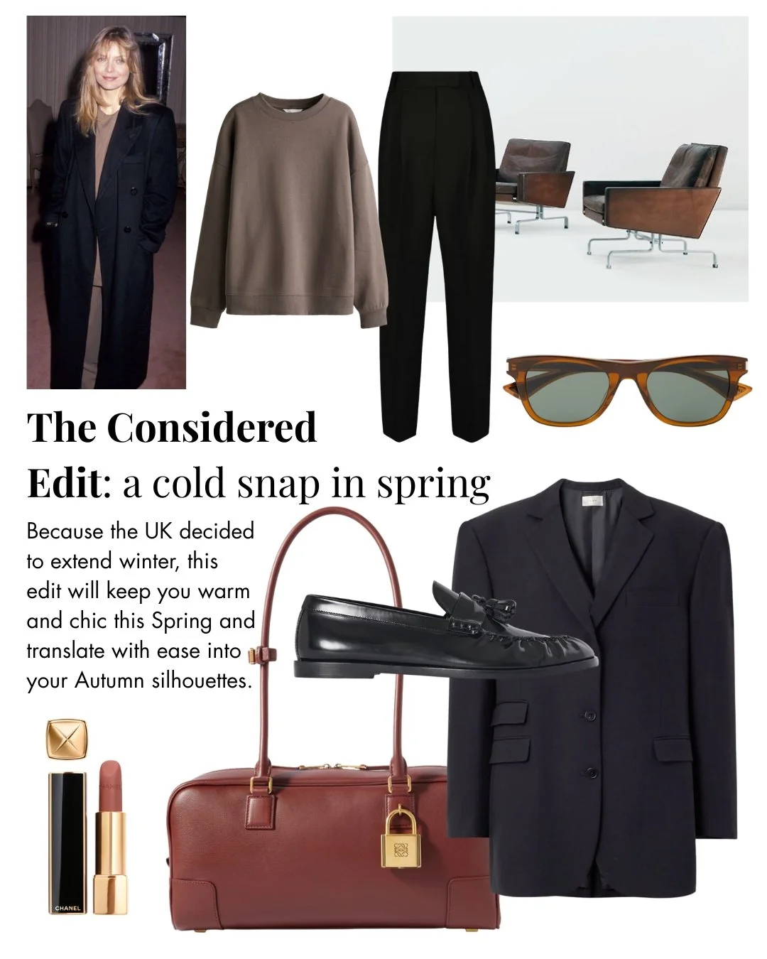 Collage of spring fashion and accessories, including a woman in a black coat, a beige sweatshirt, black trousers, brown sunglasses, black loafers, a black blazer, a red handbag with gold lock, nude lipstick, and gold earrings. Text reads 'The Considered Edit: a cold snap in spring' with a note about extending winter for warmth and style into autumn.