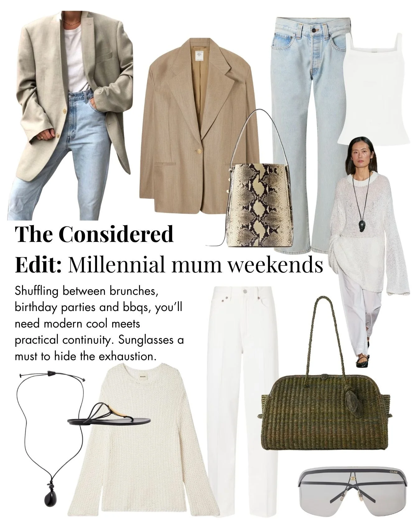 Outfit collage for millennial moms, featuring beige blazers, light wash jeans, white tank top, white pants, white sweater, sunglasses, and accessories including a snakeskin handbag, woven tote, and sunglasses case.
