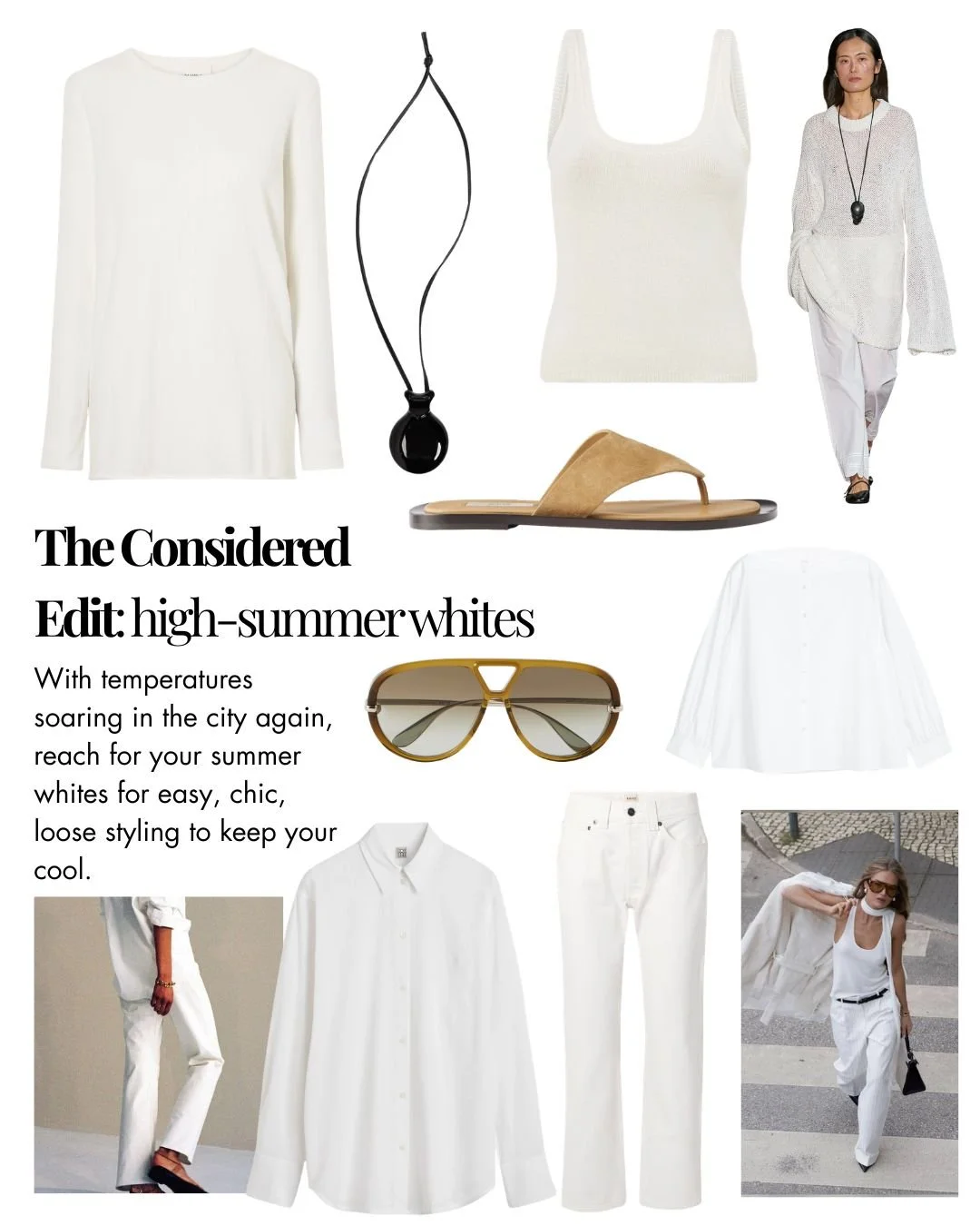Collage of white clothing and accessories including sweaters, a tank top, a pair of pants, a blouse, sandals, sunglasses, a necklace, and a woman wearing white summer clothes, with text about high-summer whites for hot weather.