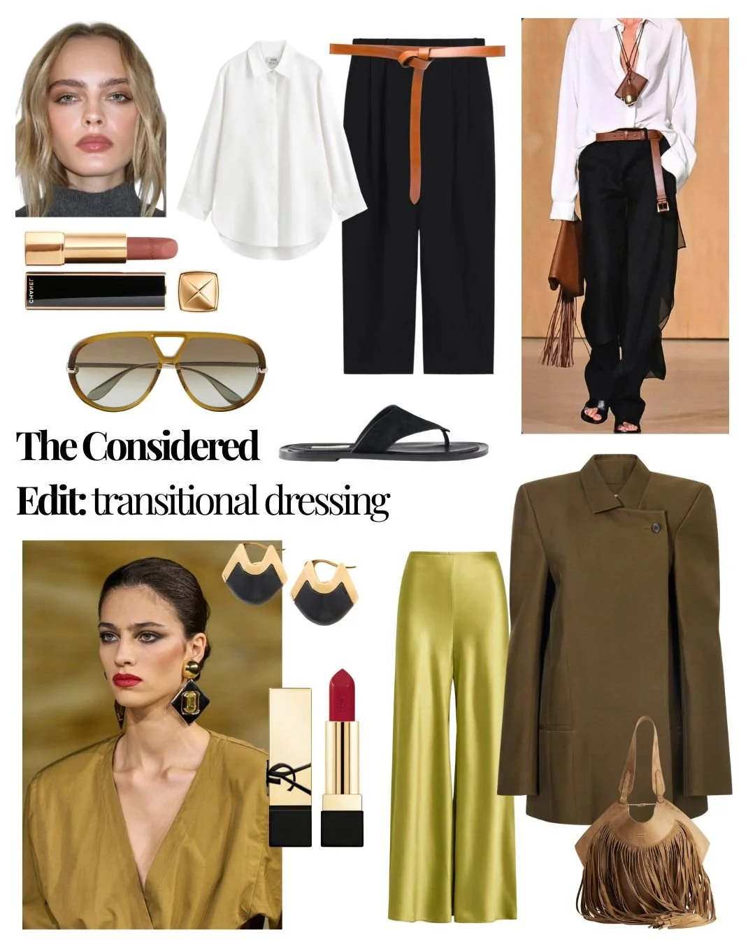 Collage of Autumn style of khaki blazer, chartreuse trousers, black trousers and make-up and accessories