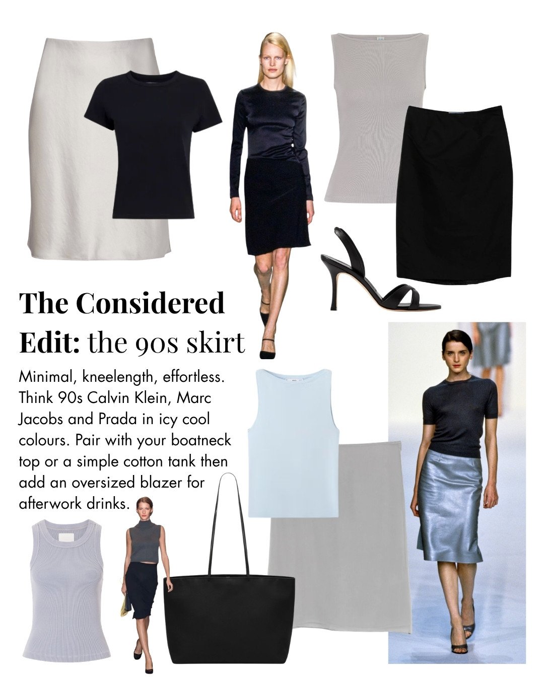 Collage of minimal 90s inspired black, white, gray, and icy cool-toned clothing and accessories including skirts, tops, a handbag, and high heels, with some models wearing black and gray outfits.