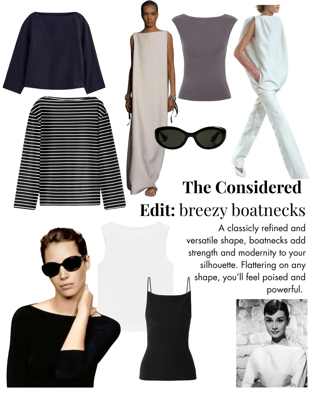 A fashion mood board featuring breezy boatneck tops and dresses, including a navy long-sleeve boatneck top, a black and white striped boatneck, a sleeveless white dress, and a white satin pantsuit with a boatneck top. Accessories include black sunglasses. The text explains that boatneck shapes add strength and modernity to silhouettes, flattering any shape for a poised and powerful look.