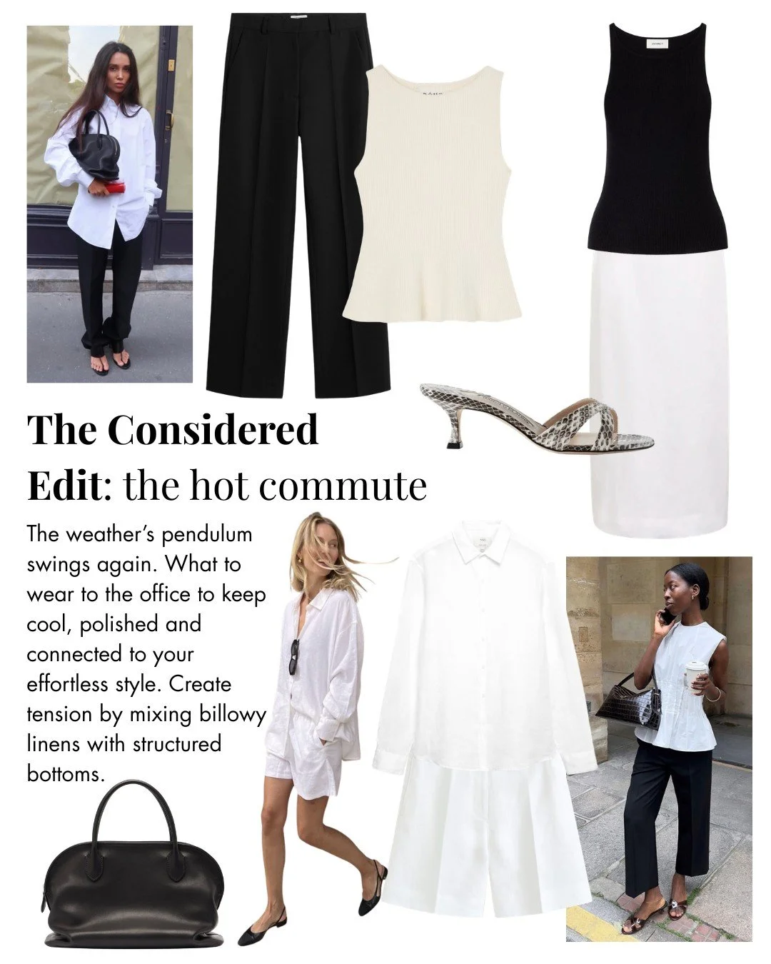 Fashion collage featuring black and white office wear outfits including black trousers, a white sleeveless top, a black sleeveless top with a white skirt, and white shirtdresses, paired with high heel shoes and accessories, with images of women in office environment and casual styles.