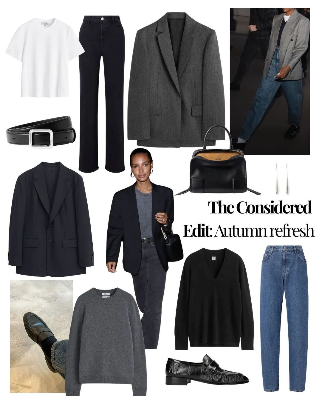 Collage of blue and grey blazers, black and blue jeans, grey jumpers and black accessories\