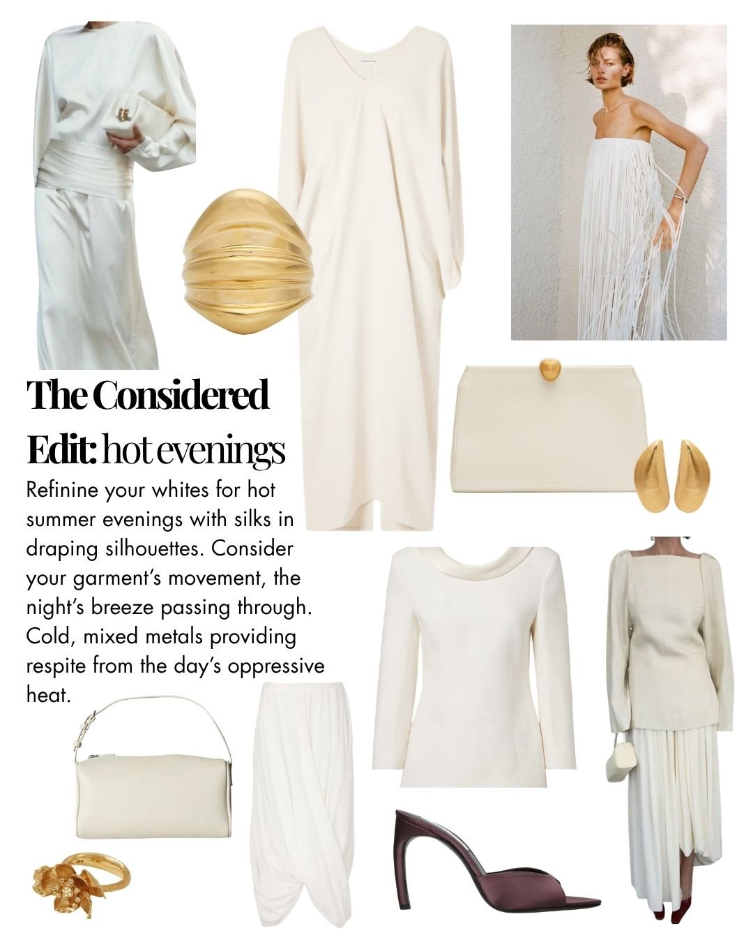 A collage of white eveningwear and accessories with gold accents, including silk dresses, a clutch, jewelry, and shoes, styled for a summer evening look.