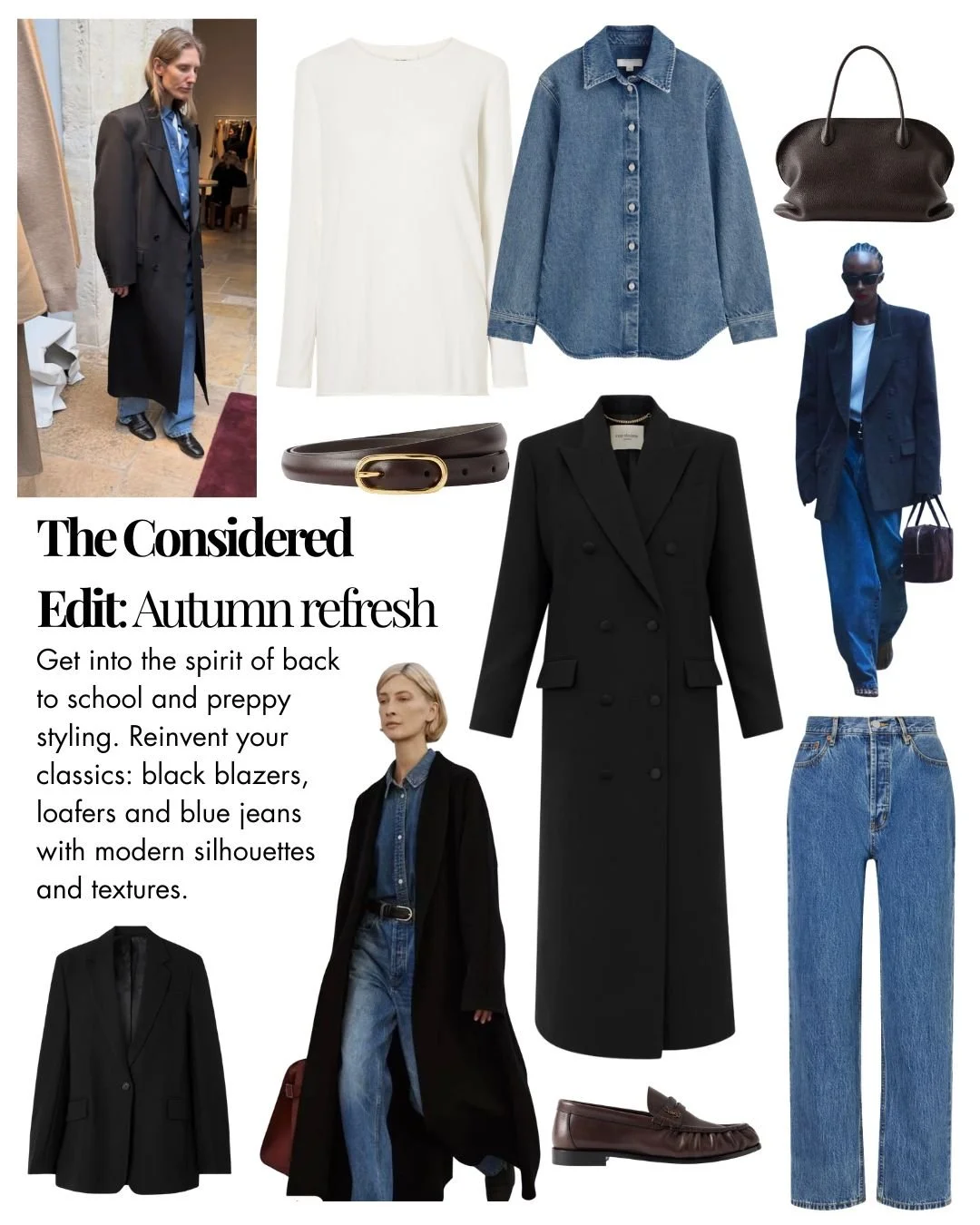 Collage of black blazers, blue jeans and brown loafers and bags