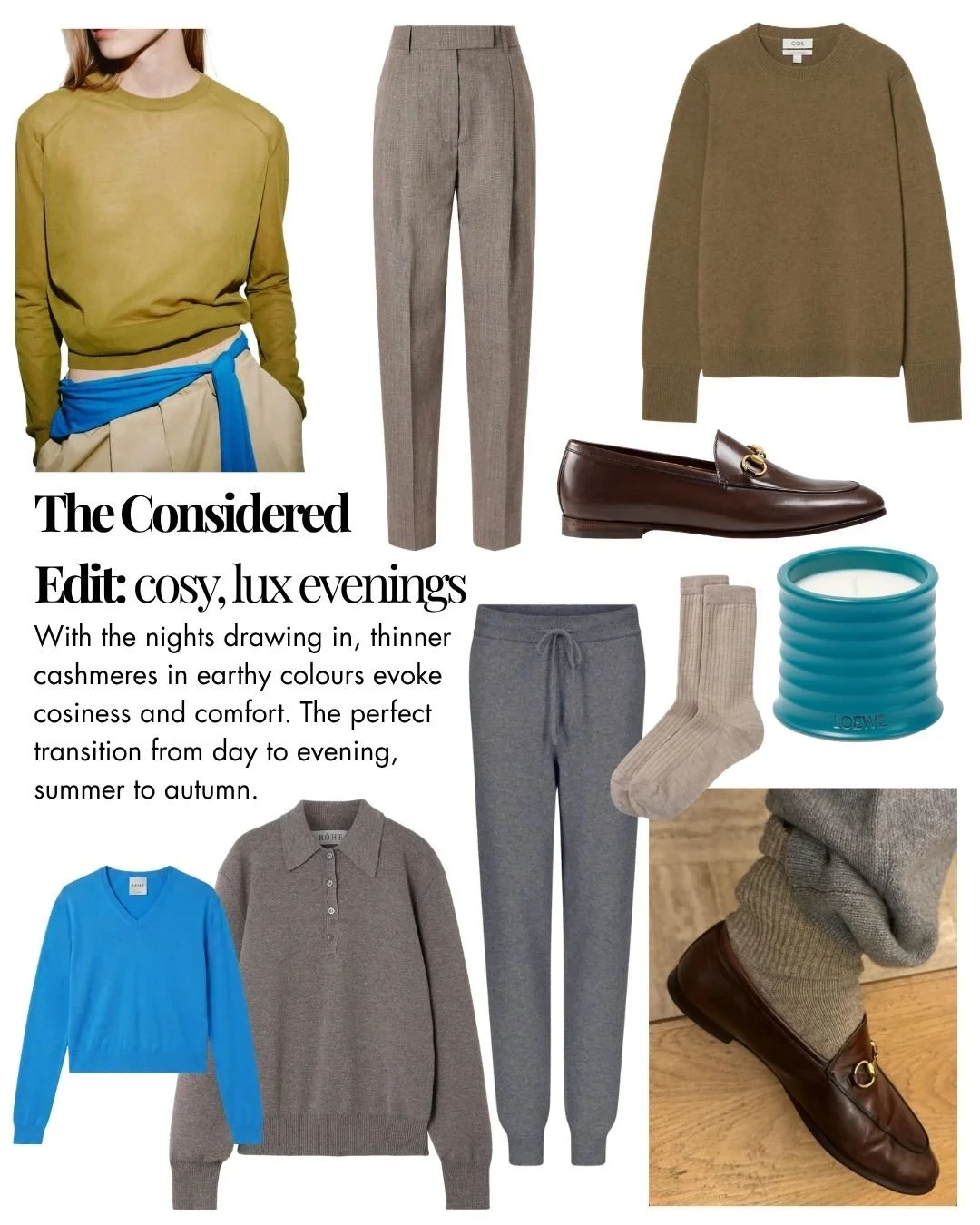 Collage of Autumn cashmere pieces sweaters, Gucci loafers and Loewe candle