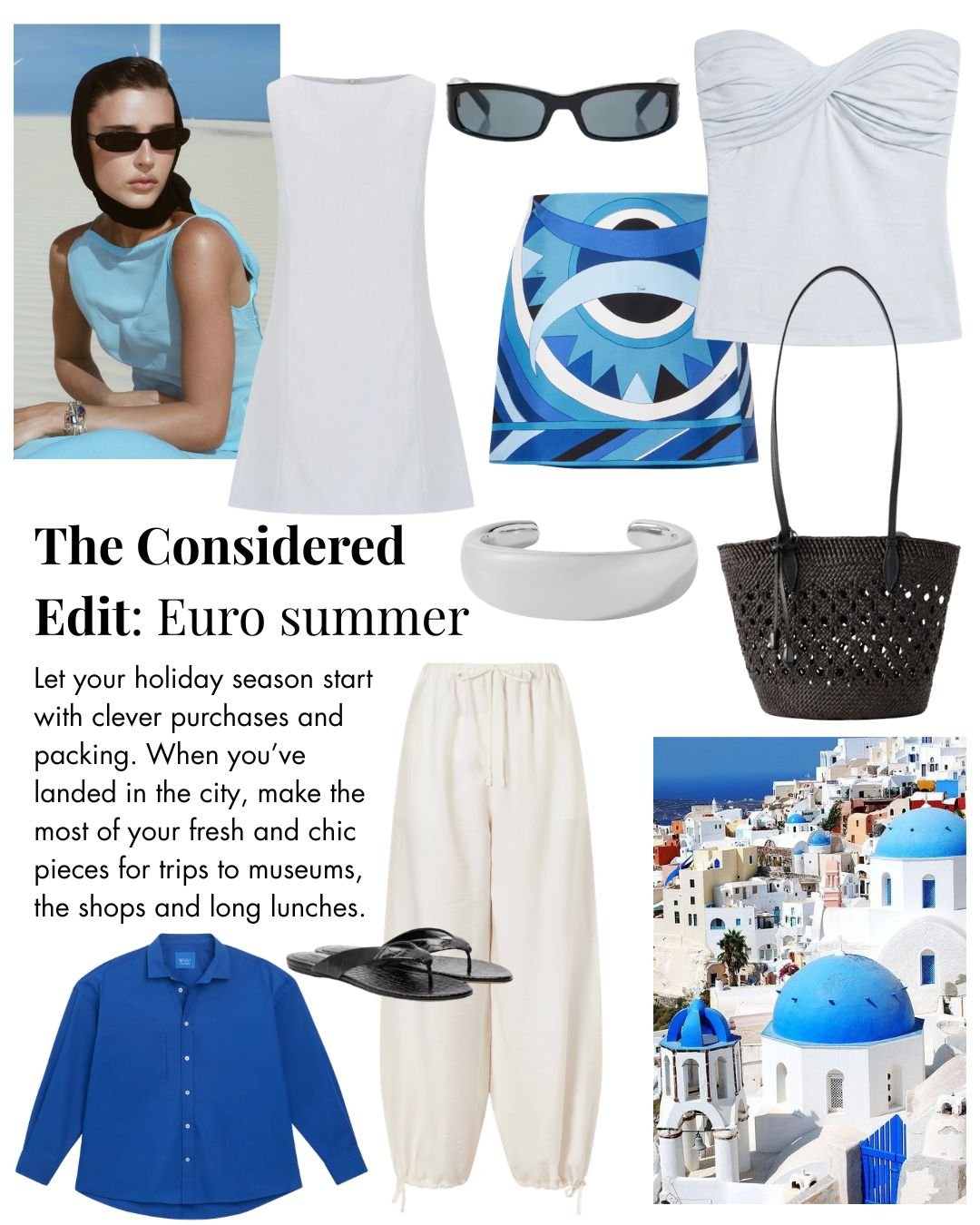 Flat lay of summer fashion items including white and blue dresses, black sunglasses, a blue patterned top, white pants, black sandals, a black woven tote bag, silver jewelry, and a scenic photograph of Santorini, Greece with white buildings and blue domes.