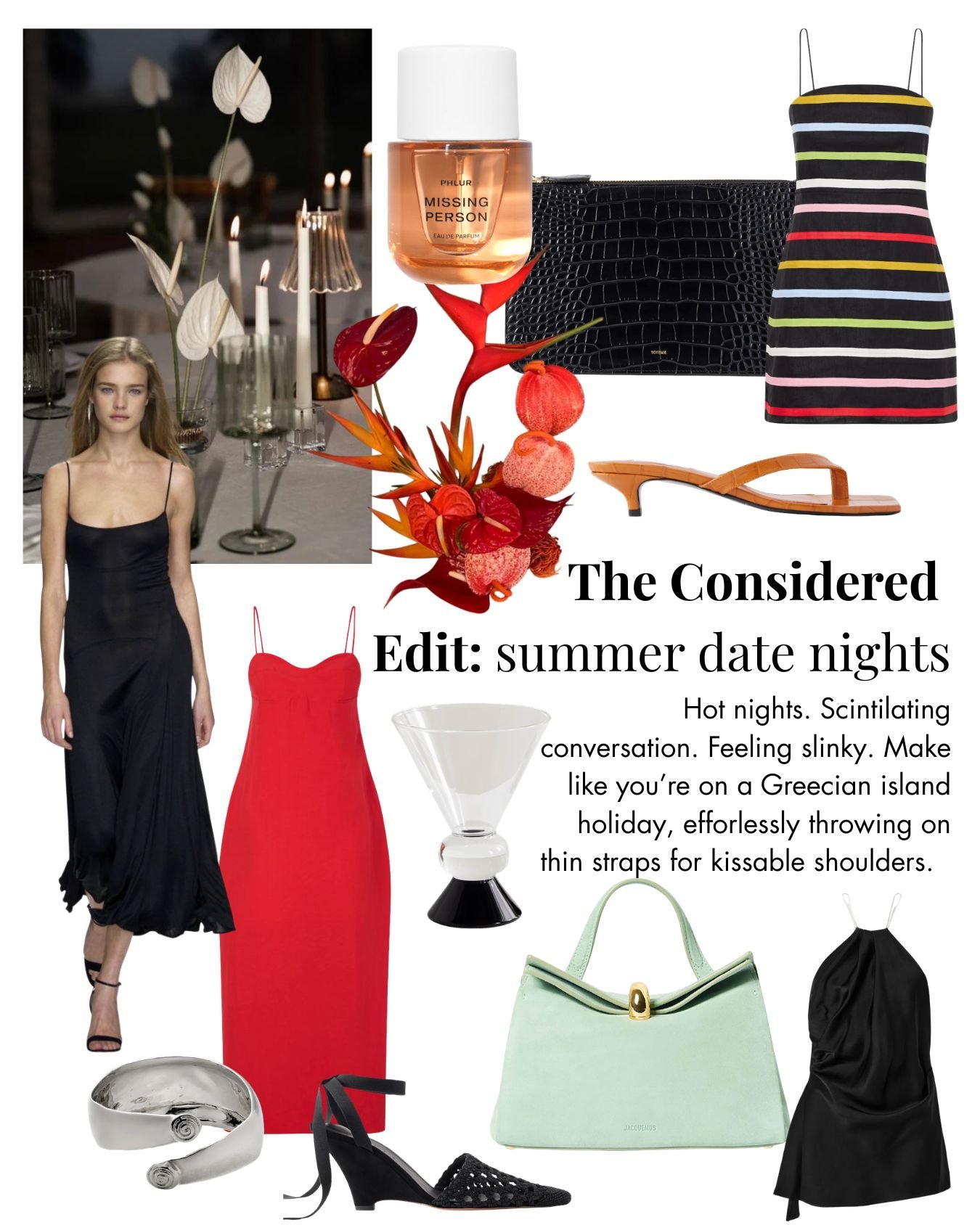 Collage of summer date night fashion and accessories, featuring a black satin dress with spaghetti straps, a red slip dress, green handbag, black heeled sandals, black and yellow striped dress, black snakeskin clutch, orange sandals, silver bracelet, and perfume bottle, with a backdrop of a dinner table, flowers, and candles, along with text about summer date ideas.