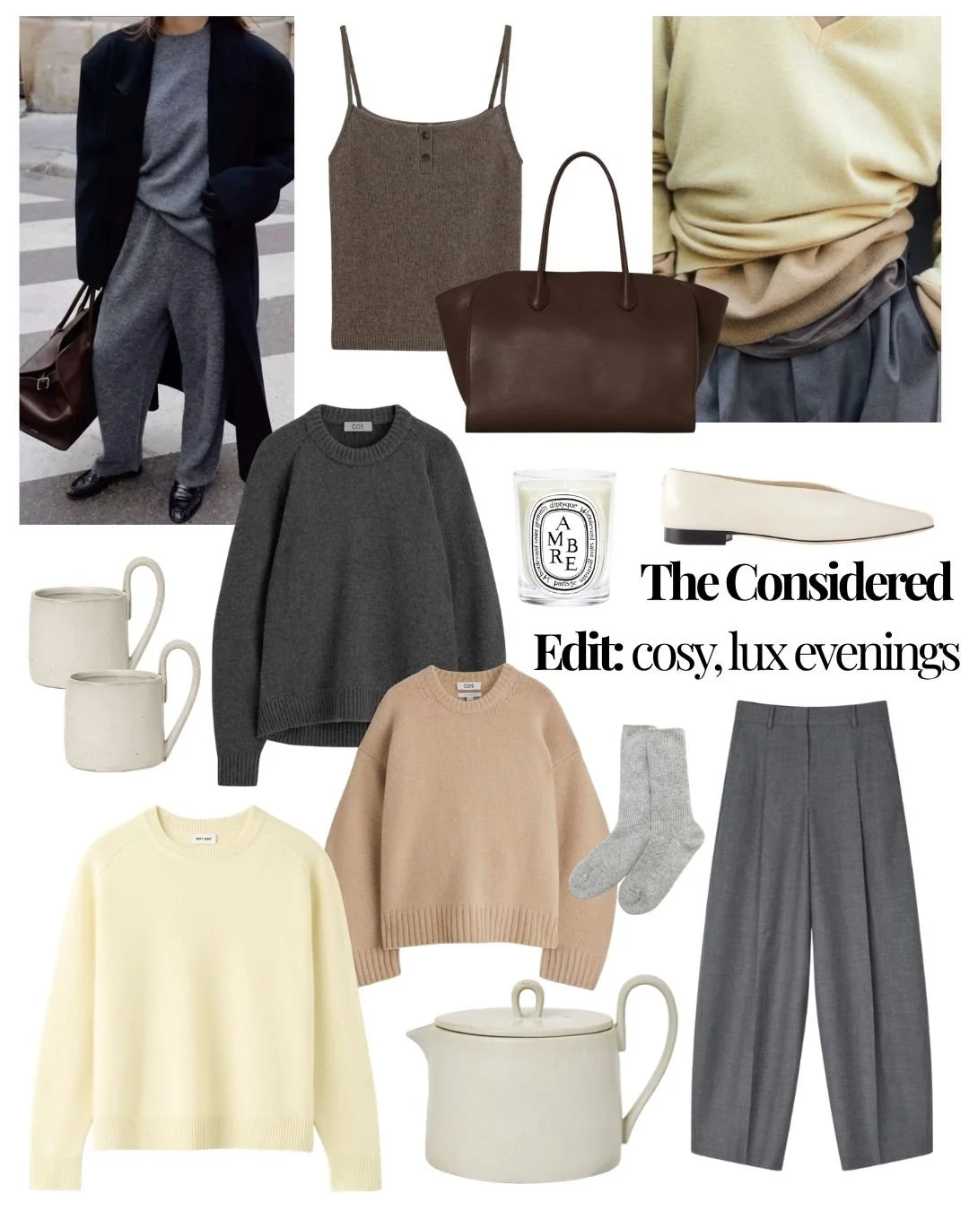 Collage of Autumn cashmere pieces and Ferm Living tea pot and mugs