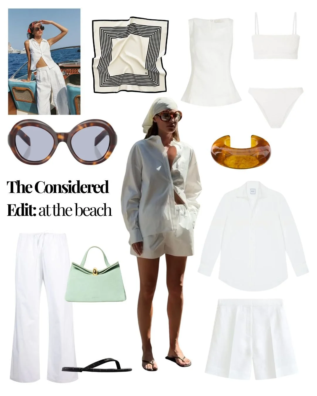 Collage showcasing a beach fashion outfit and accessories, including white shorts, a white tank top, a white open shirt, a light green handbag, black sandals, tortoiseshell sunglasses, and amber jewelry. There is a photo of a woman in a white outfit on a boat, and another woman in a white shirt and shorts with sunglasses and a headwrap posing on the beach.