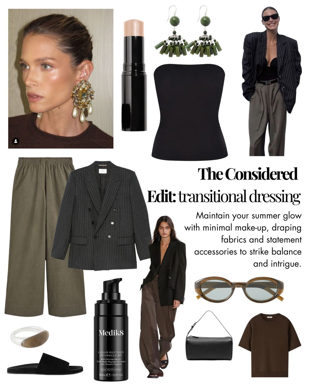 Collage of autumn style of pinstriped blazer, khaki trousers, accessories and make-up