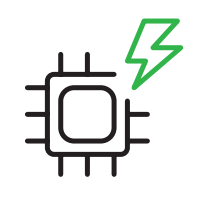 Icon of a microchip with a green lightning bolt