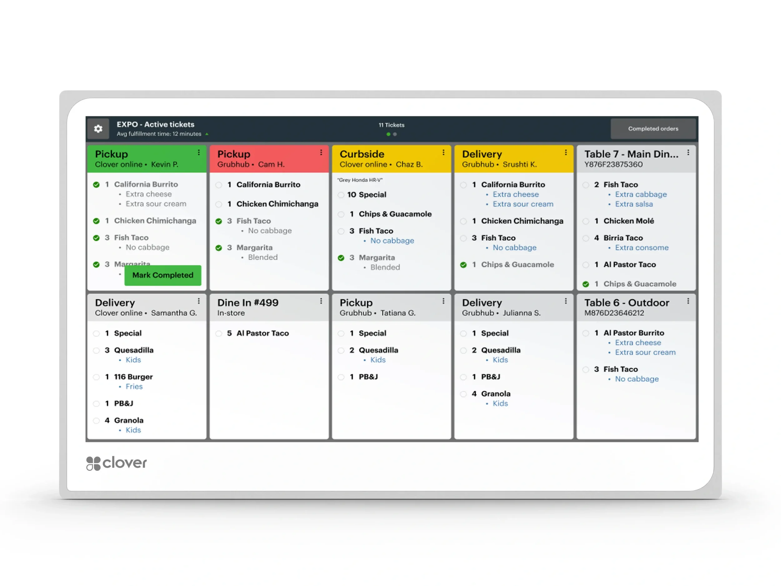 Digital event management dashboard displaying categories like Pickup, Curbside, Delivery, and table numbers with orders for a restaurant