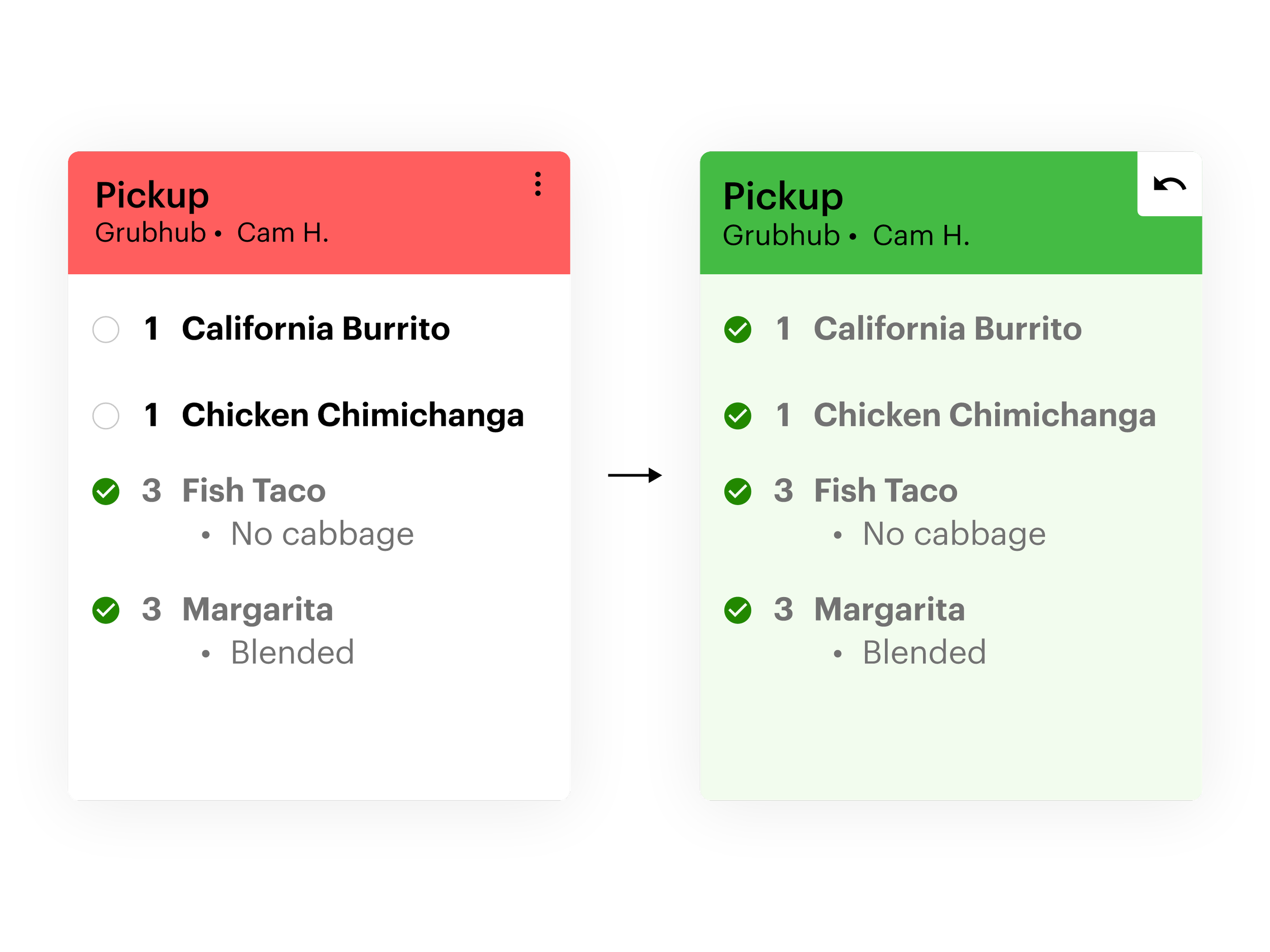 Comparison of a food ordering app menu, showing a red 'Pickup' screen with unselected items and a green 'Pickup' screen with selected items, including California Burrito, Chicken Chimichanga, Fish Taco, and Margarita.