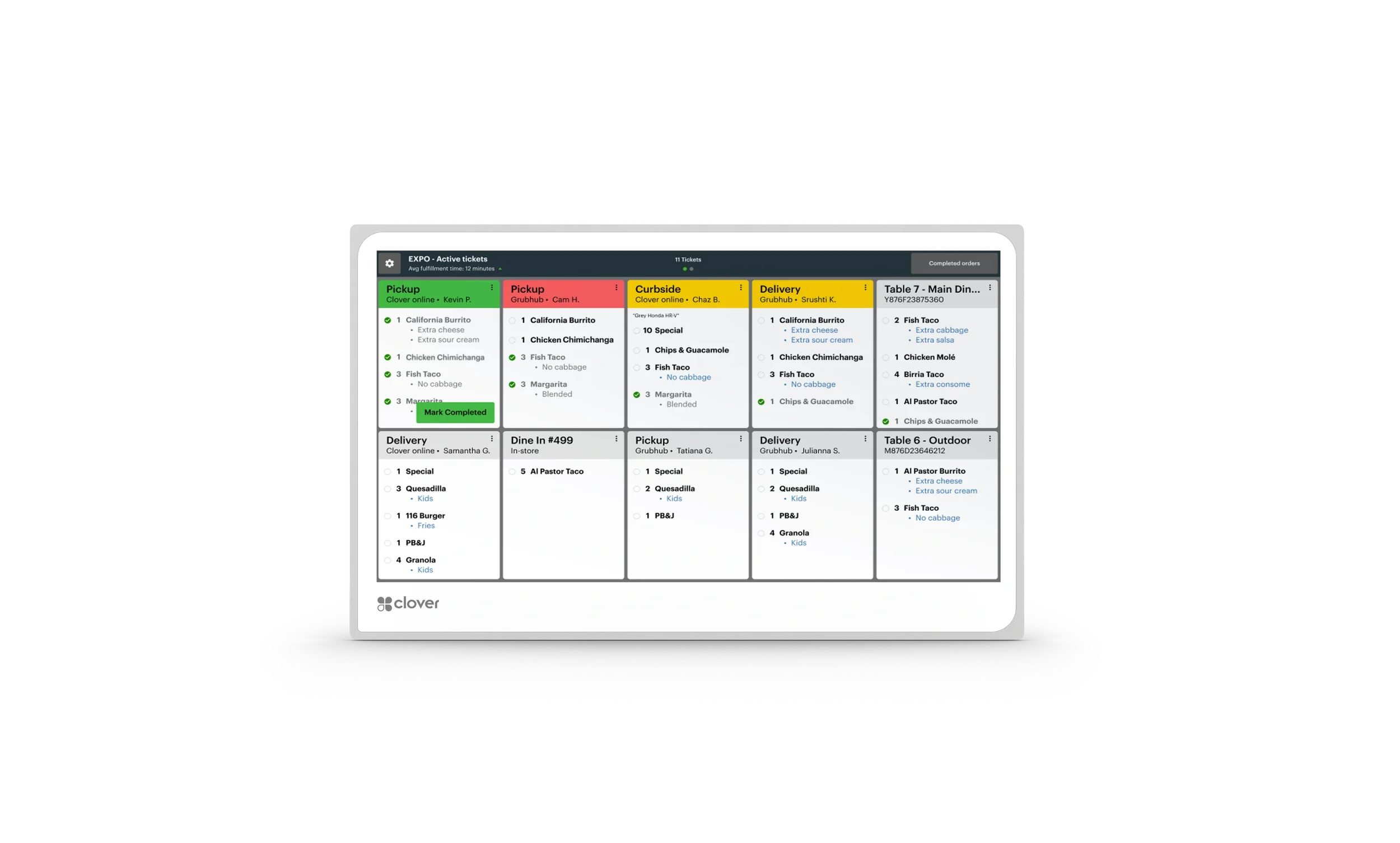 Digital tablet screen displaying a restaurant order management system with various order statuses, including pickup, curbside, delivery, dine-in, and table assignments.