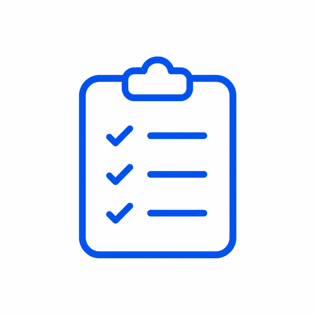 Blue outline icon of a clipboard with a checklist, featuring checkmarks next to three lines of text.