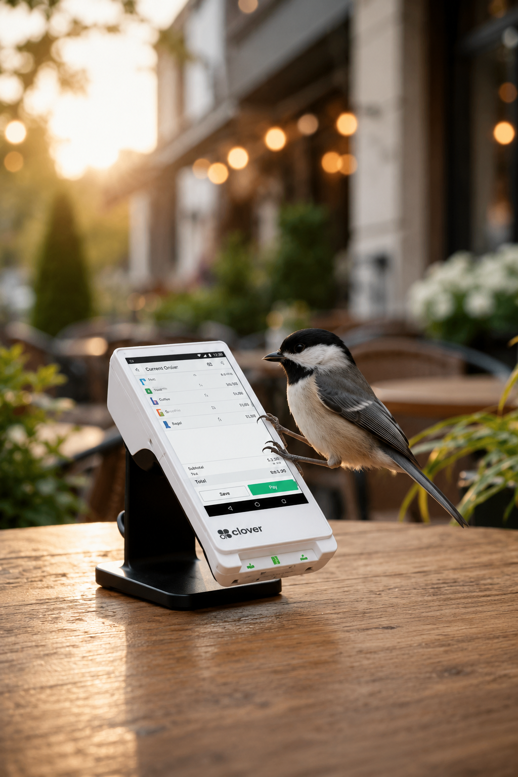 A small black and white bird standing on a tablet with a food ordering app open, on a wooden outdoor table in a daytime café setting.
