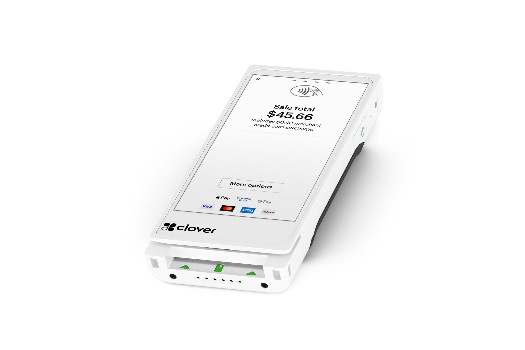 A white Clover contactless payment device displaying a total sale amount of $45.66, with various payment options below, including Apple Pay, Samsung Pay, Google Pay, and credit card logos.
