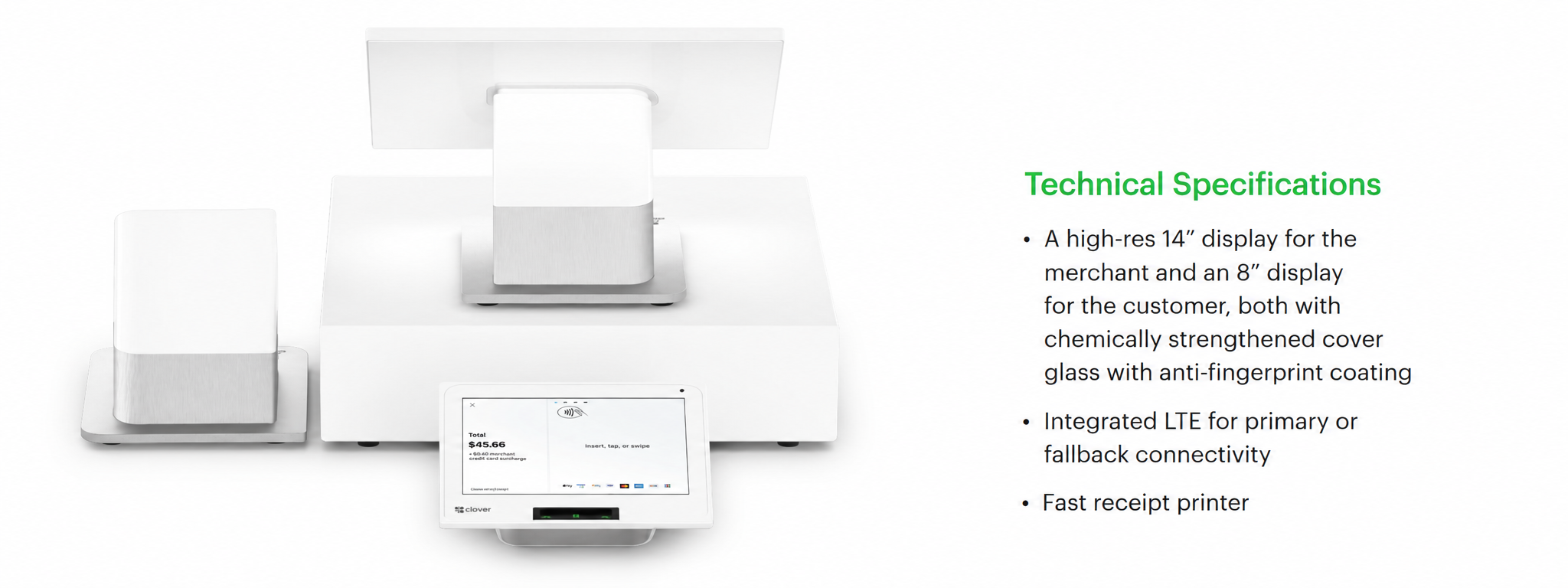 A modern white point-of-sale print and display system with a touchscreen, parts, and an attached printer, accompanied by technical specifications for a high-res display and LTE connectivity.