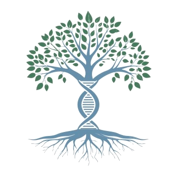 Illustration of a tree with DNA double helix as the trunk, symbolizing genetics and biology.