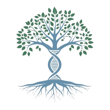 A tree with green leaves and a DNA double helix as its trunk, with roots at the bottom.