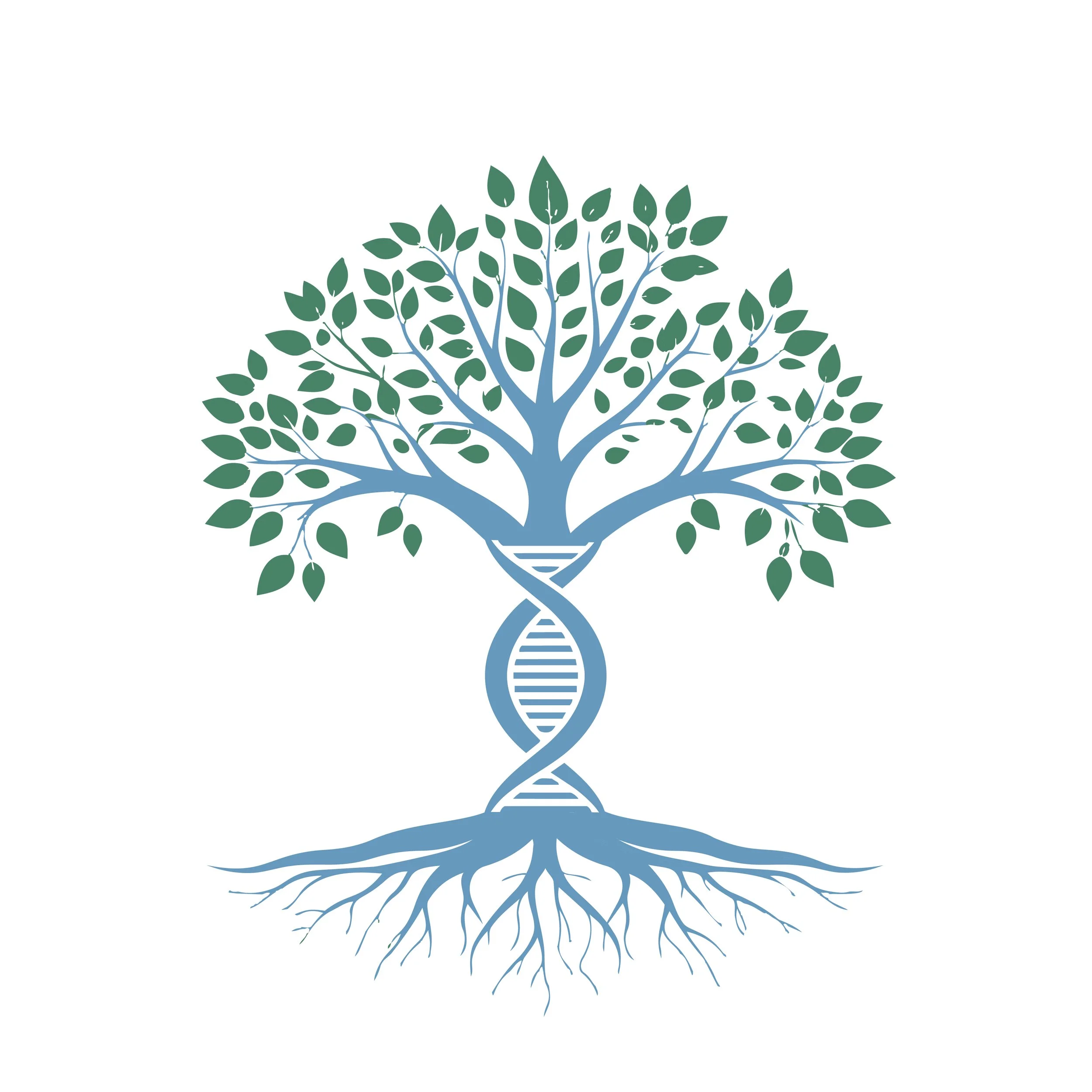 A stylized illustration of a tree with green leaves and blue branches, roots extending below the ground.