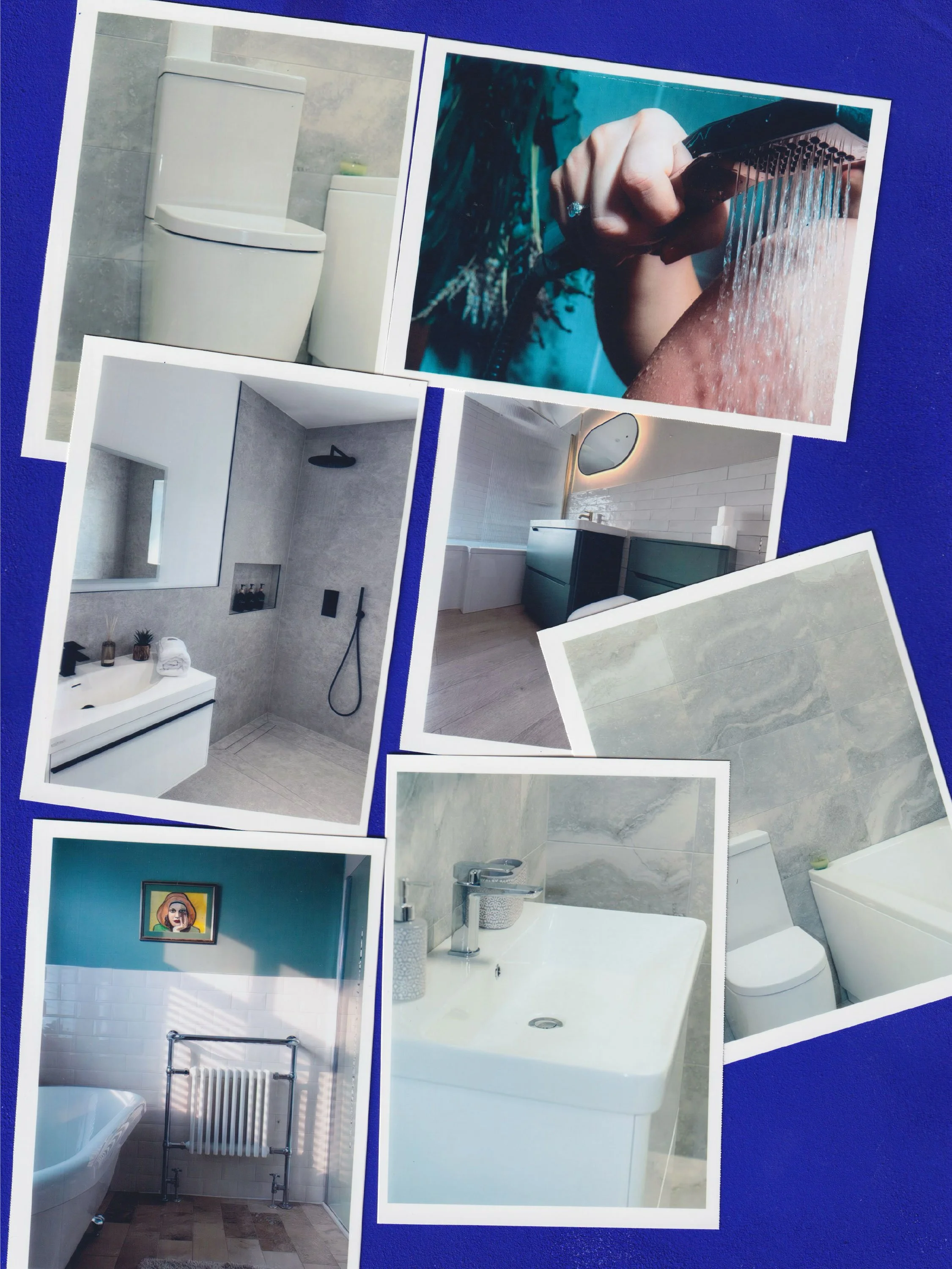 Collage of bathroom images including toilets, showers, sinks, and various bathroom decor.