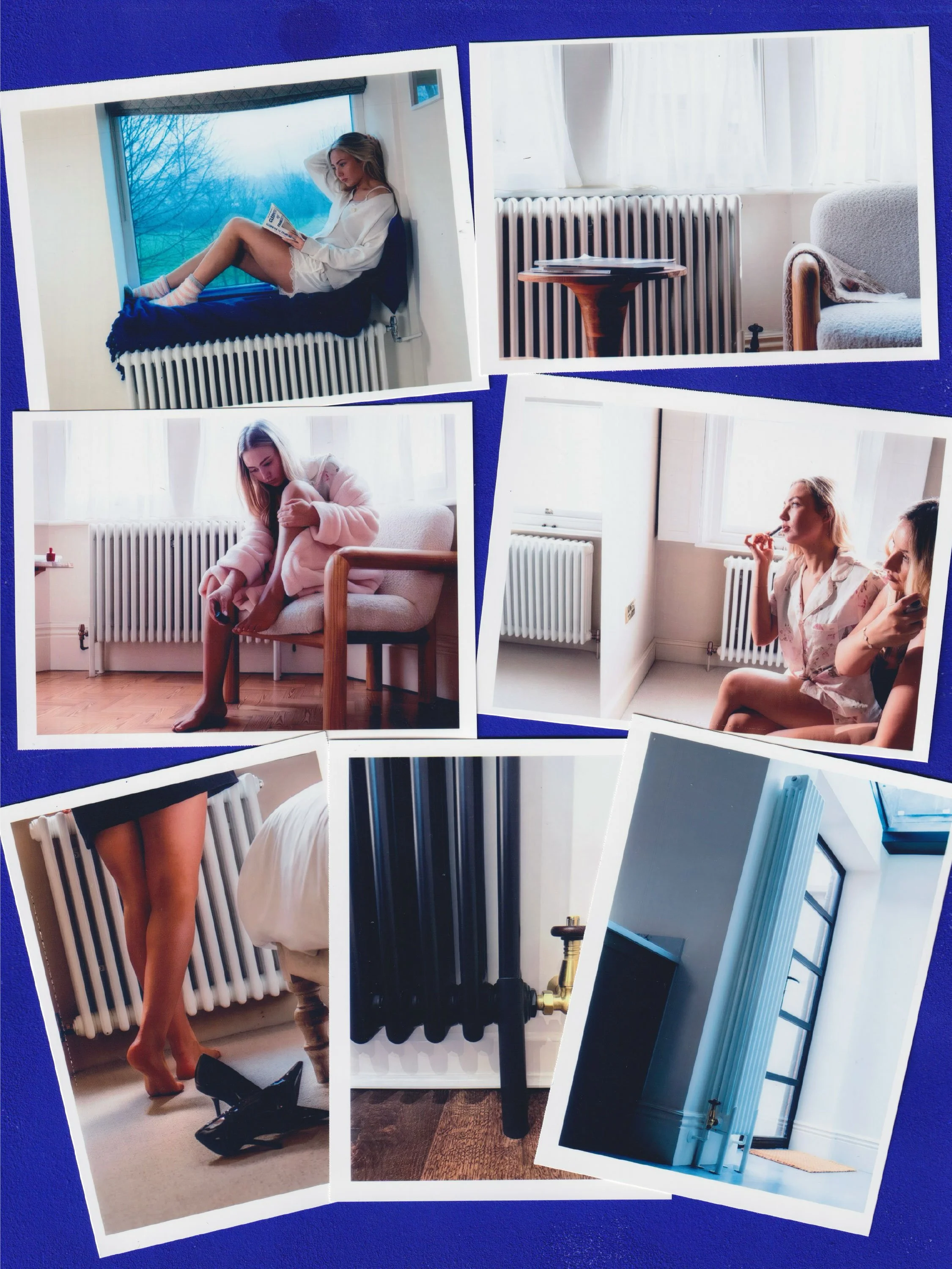 Collage of four photographs featuring indoor scenes with radiators, windows, and people. The first photo shows a woman sitting by a window reading, the second shows a cozy room with a radiator and window, the third shows a woman adjusting her clothin