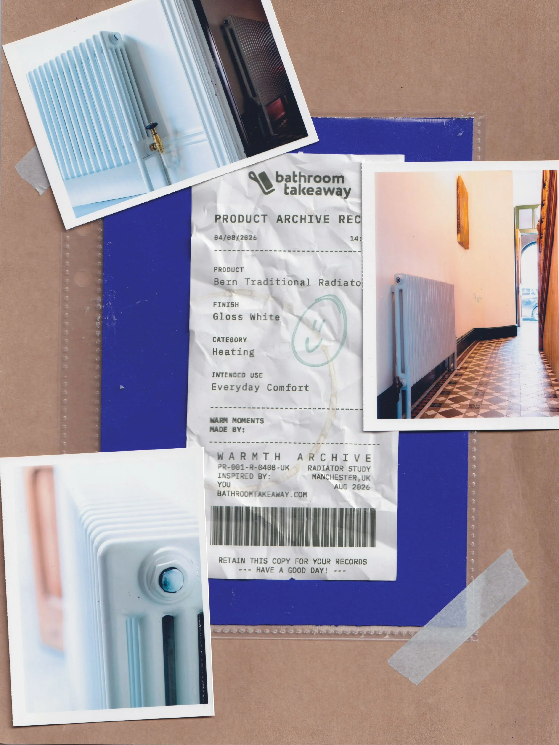 Photographs of a white radiator, a room with pink walls and wooden window frames, and a plumbing fixture with a brass valve, laid out on a table with a blue folder and a crumpled receipt from Bathroom Takeaway, dated August 2026, for a Bern Tradition