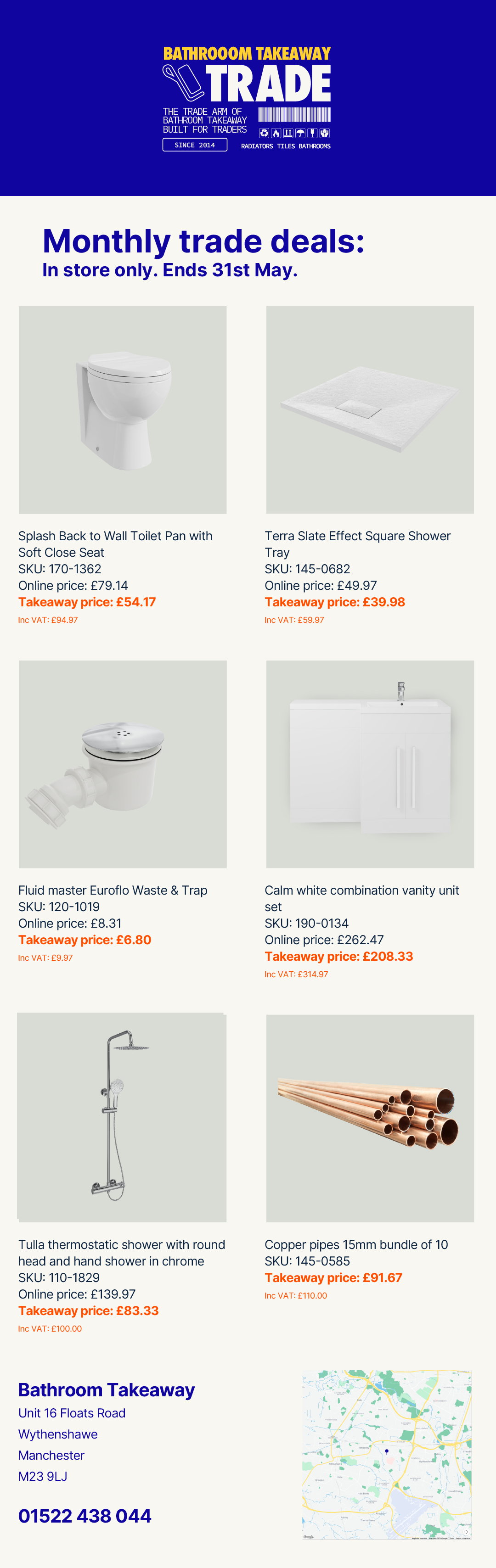 Advertisement for bathroom products including a toilet, shower tray, waste and trap, vanity unit, shower, and copper pipes, with pricing and store location details.