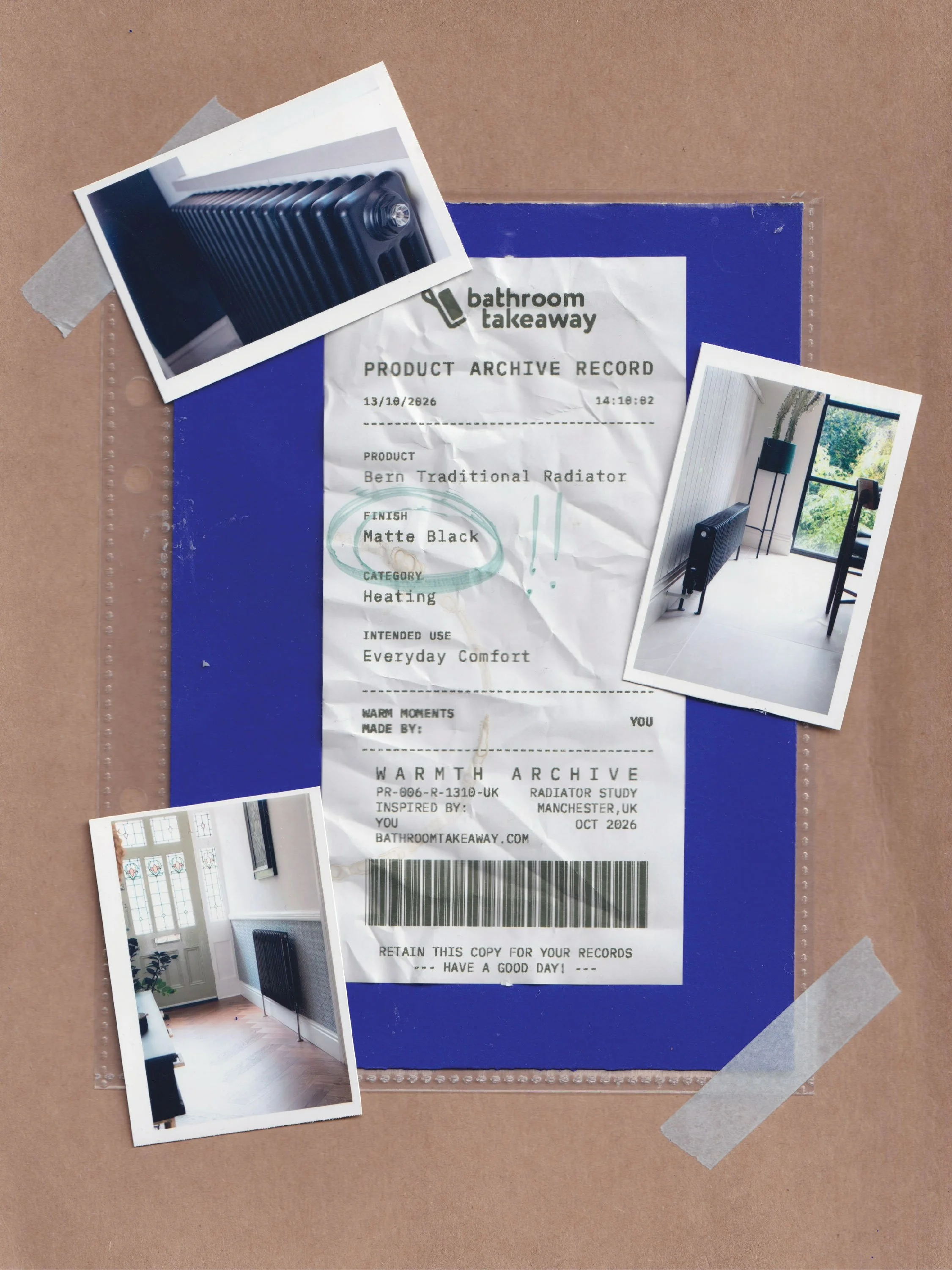 The image contains a brown background with a blue paper or folder attached with four pieces of gray tape. On top of it, there are three photographs: one showing a radiator, another of a room interior with a radiator, a window, and chairs, and a third