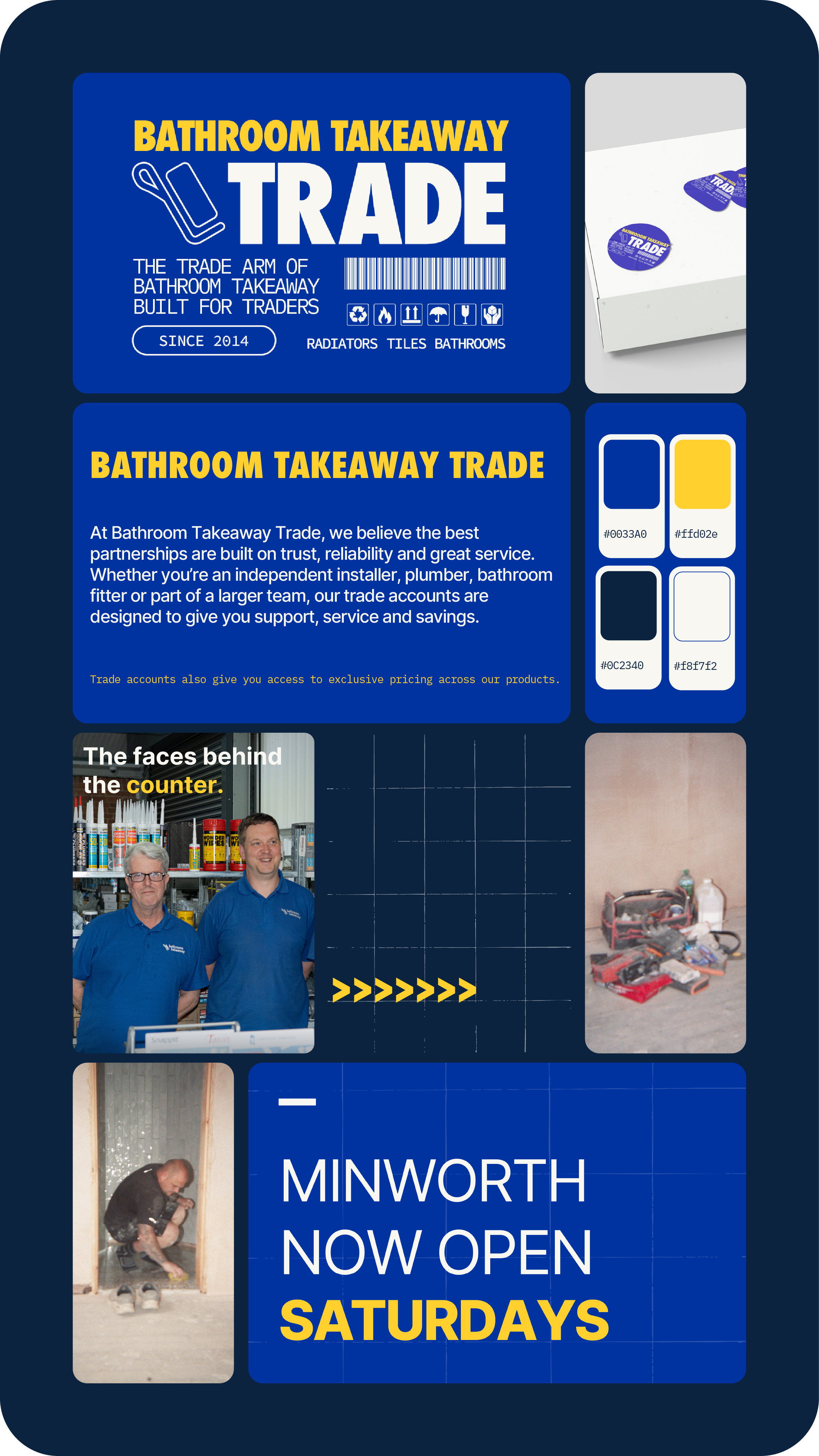 A promotional poster for Bathroom Takeaway Trade, featuring a blue background with yellow and white text. The top portion displays the logo and slogan, emphasizing support for traders in the bathroom industry. Below, there are photographs of tradespe