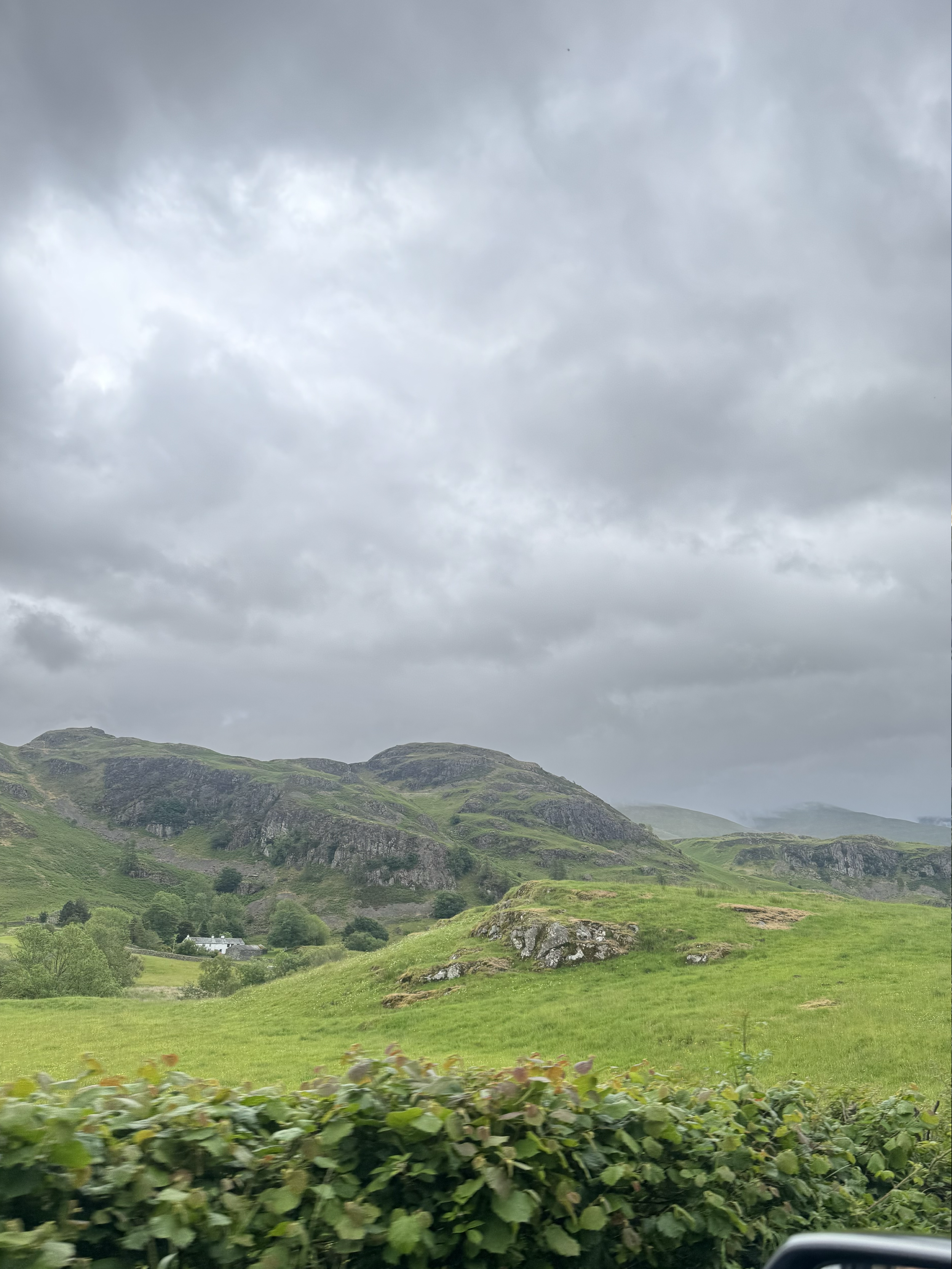 Green rolling hills with scattered trees and small houses in the distance, under a cloudy, overcast sky.