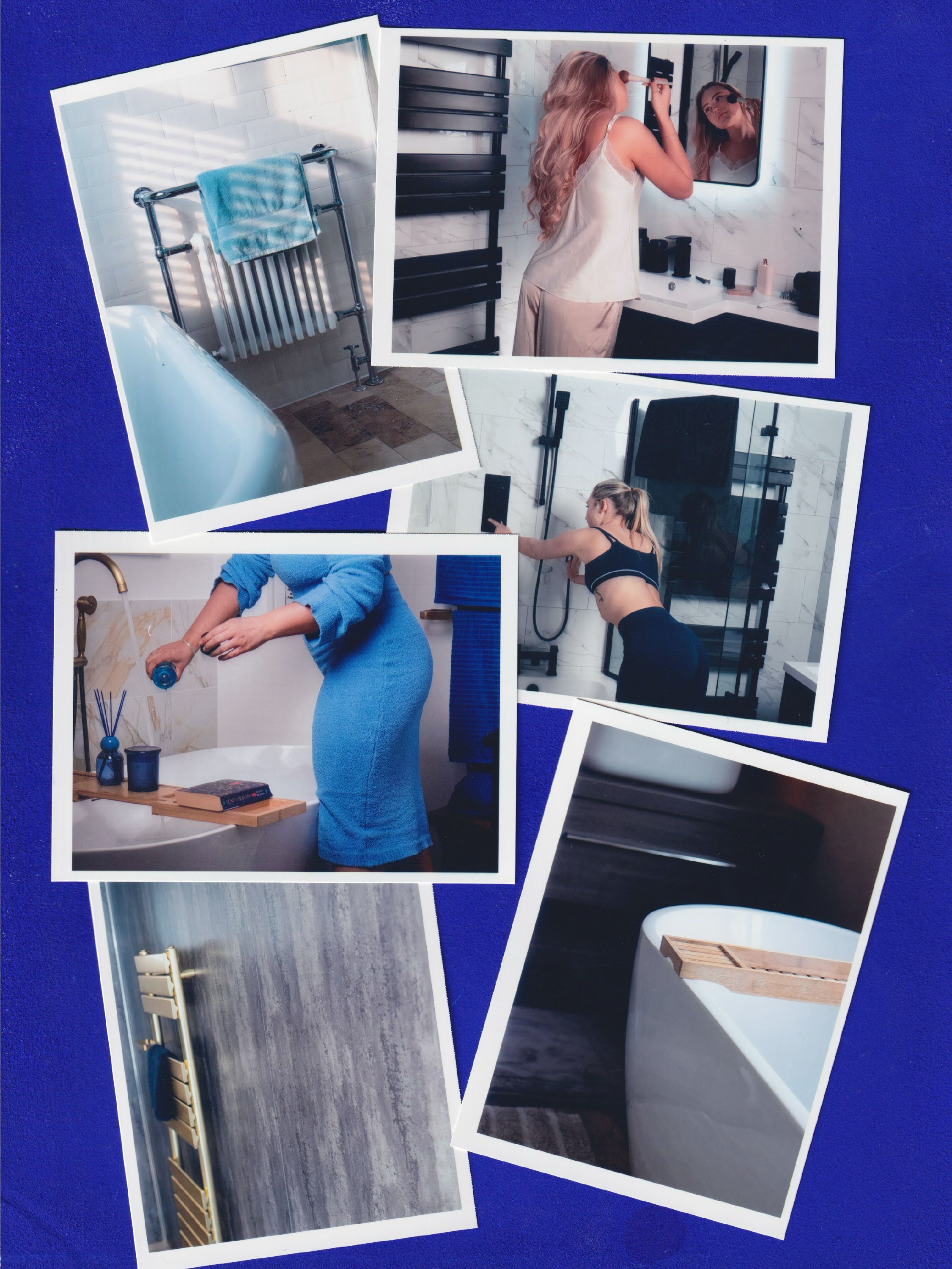 Collage of interior spaces including a bathroom with a towel hanging on a radiator, a woman applying makeup in front of a mirror, a woman organizing a bathroom cabinet, and a chair with a wooden slatted footrest.