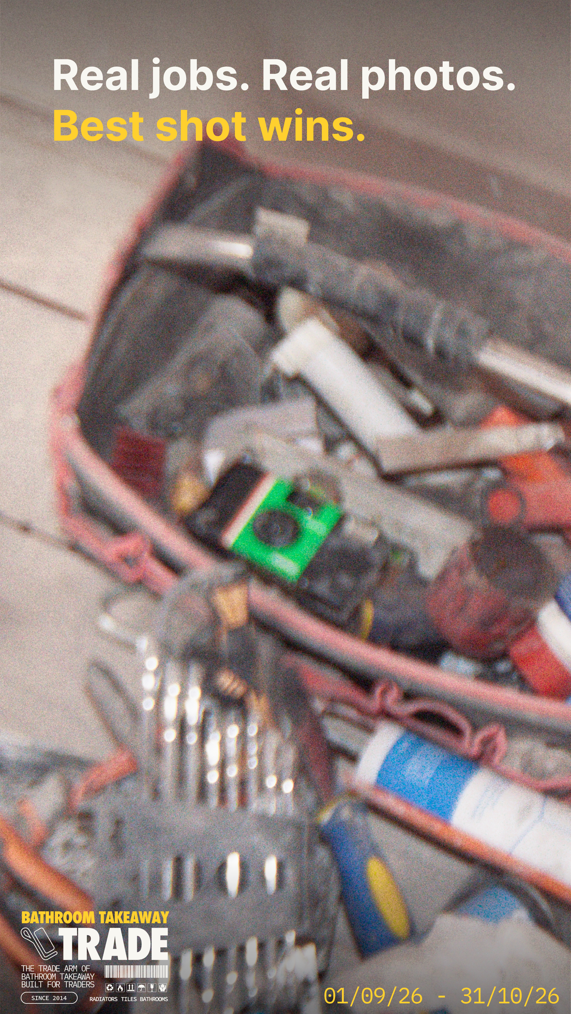 Close-up of a shopping basket filled with various tools, a tube of adhesive, and a small safety level, with text promoting bathroom renovation trade services.
