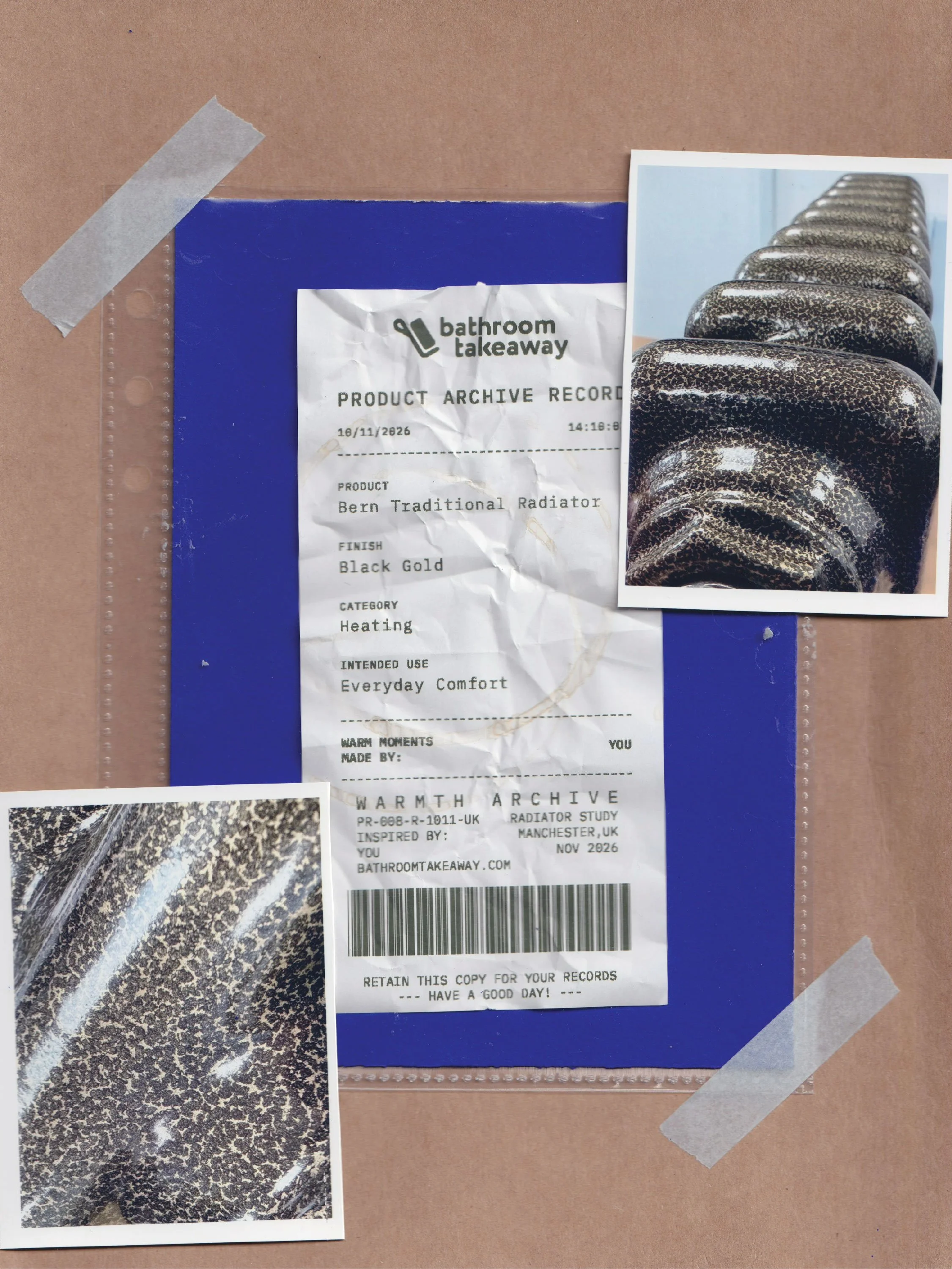 A photograph shows a receipt from Bathroom Takeaway for a Bern Traditional Radiator in Black Gold finish, dated November 16, 2026, at 14:10. The receipt is attached to a brown surface with clear tape at the top left and bottom right corners. Adjacent