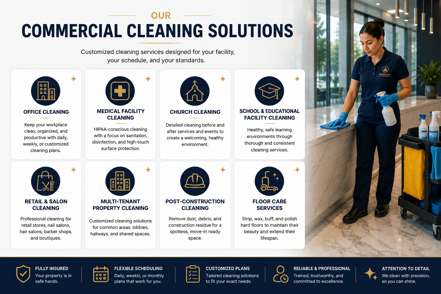 Commercial cleaning services for office buildings, medical facilities, schools, churches, retail stores, car dealerships, and commercial properties. Customized cleaning plans tailored to each facility's unique needs.