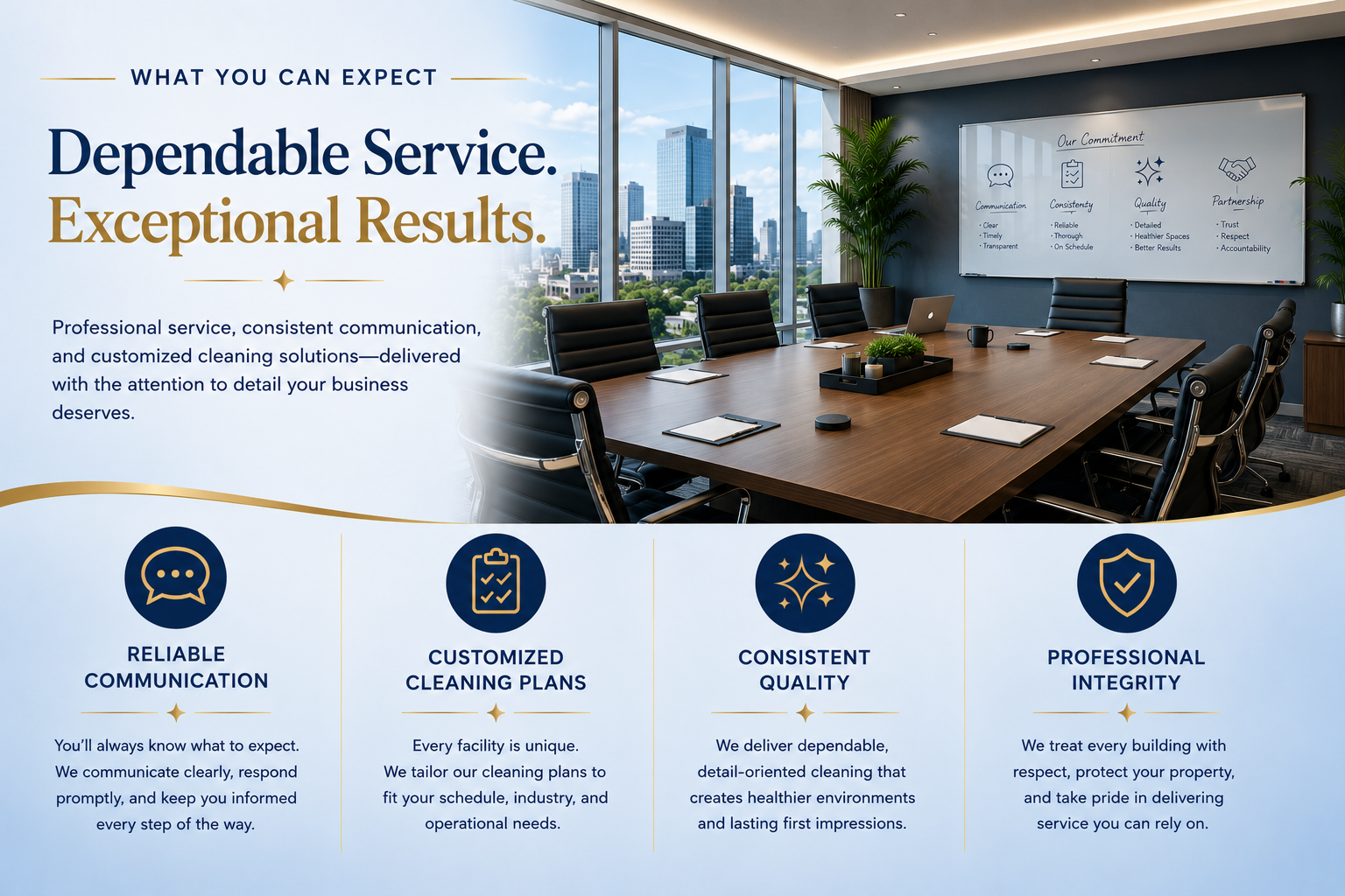 Professional commercial cleaning company highlighting dependable communication, customized cleaning plans, consistent quality, and trusted service for businesses throughout Connecticut.
