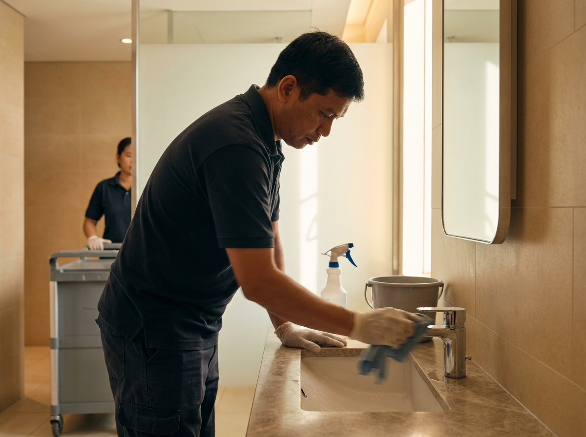 Commercial cleaning professional disinfecting a restroom to maintain a clean, healthy, and sanitary environment for employees, customers, and visitors.