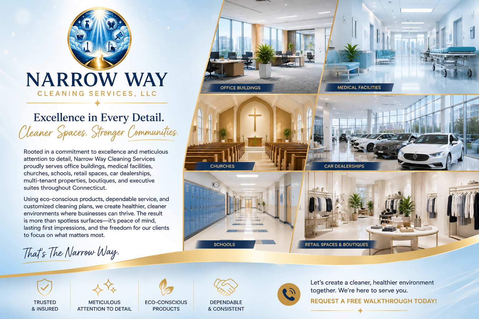 About Narrow Way Cleaning Services showcasing commercial cleaning solutions for office buildings, medical facilities, churches, schools, retail stores, car dealerships, and commercial properties throughout Connecticut.