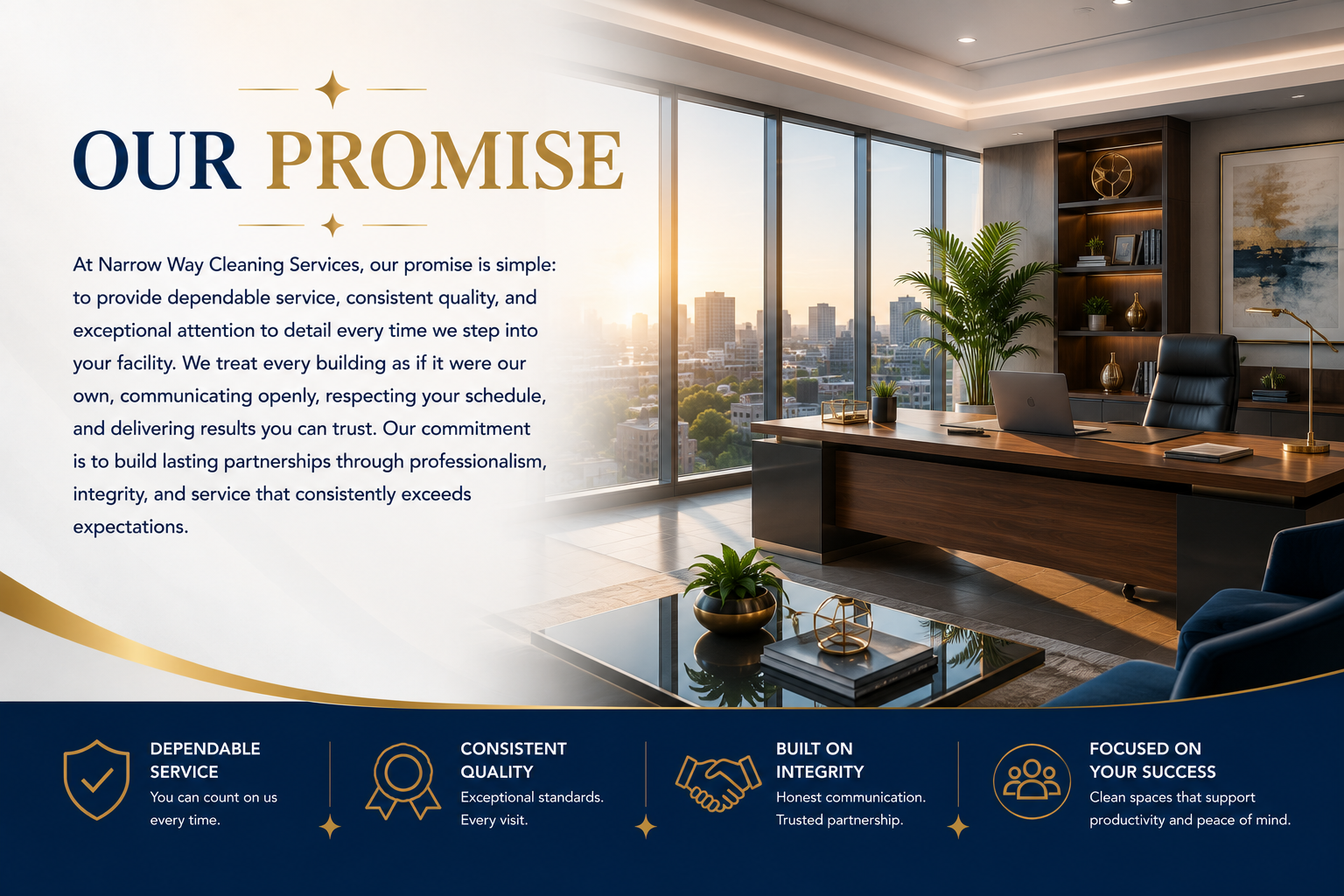 Narrow Way Cleaning Services' promise to deliver dependable commercial cleaning, exceptional attention to detail, reliable communication, and customized cleaning solutions for businesses throughout Connecticut.